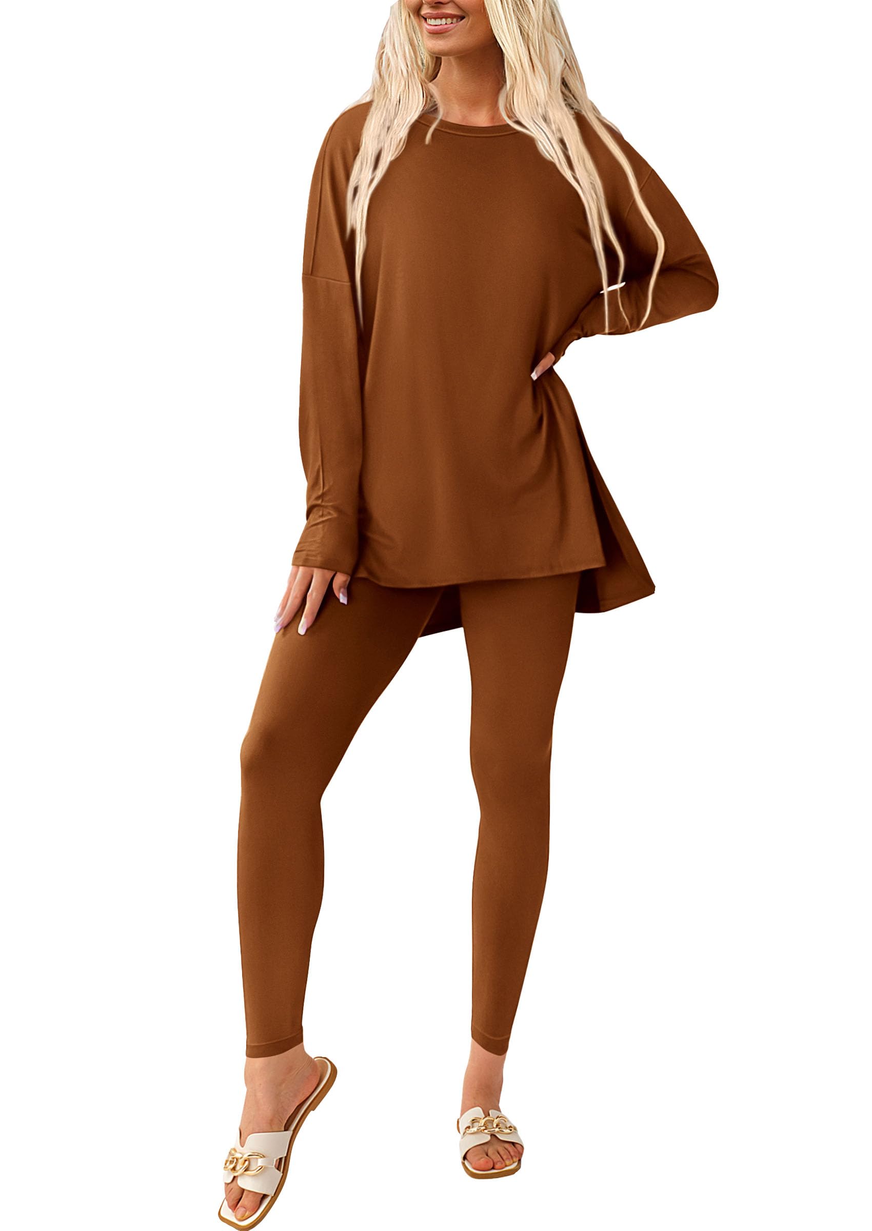 Women's 2 Piece Outfits Matching Lounge Sets,Caramel,S