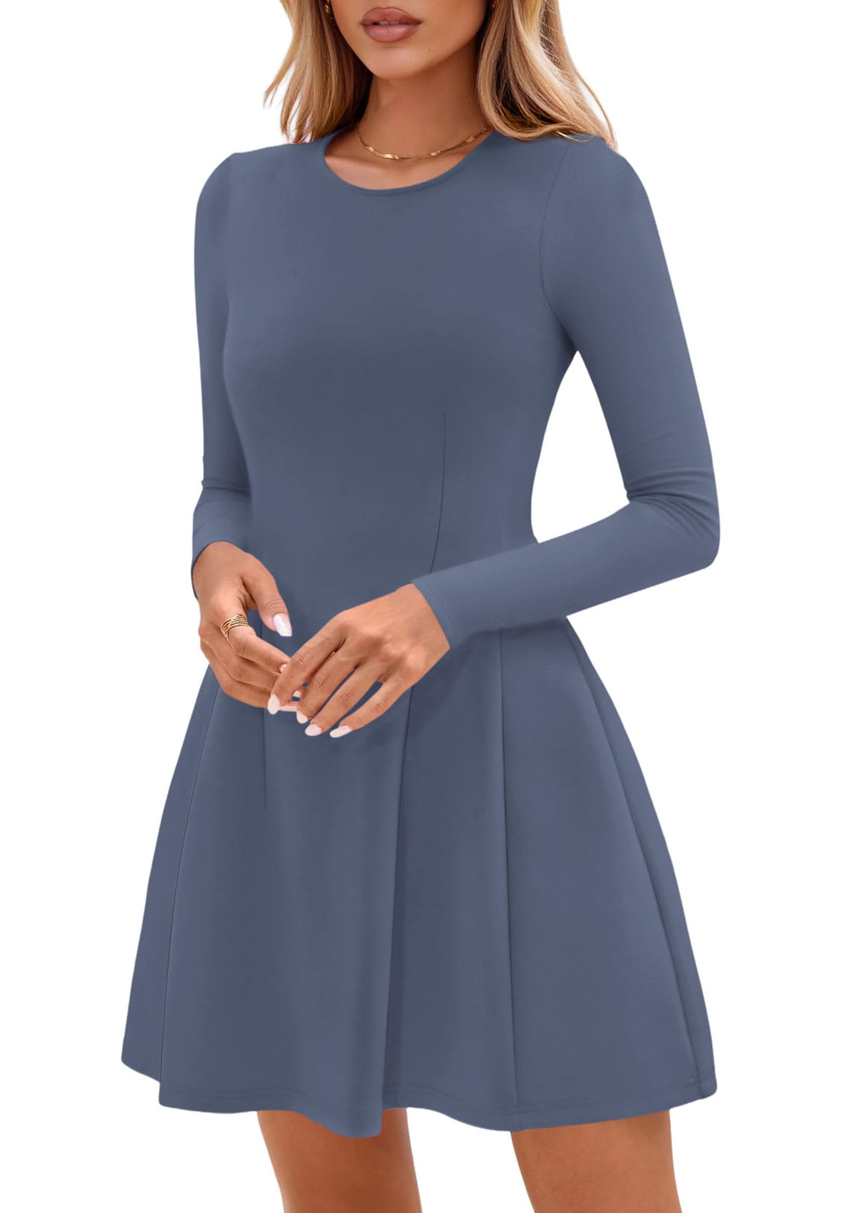 Womens Long Sleeve Pleated Mini Dress,Blue,XS