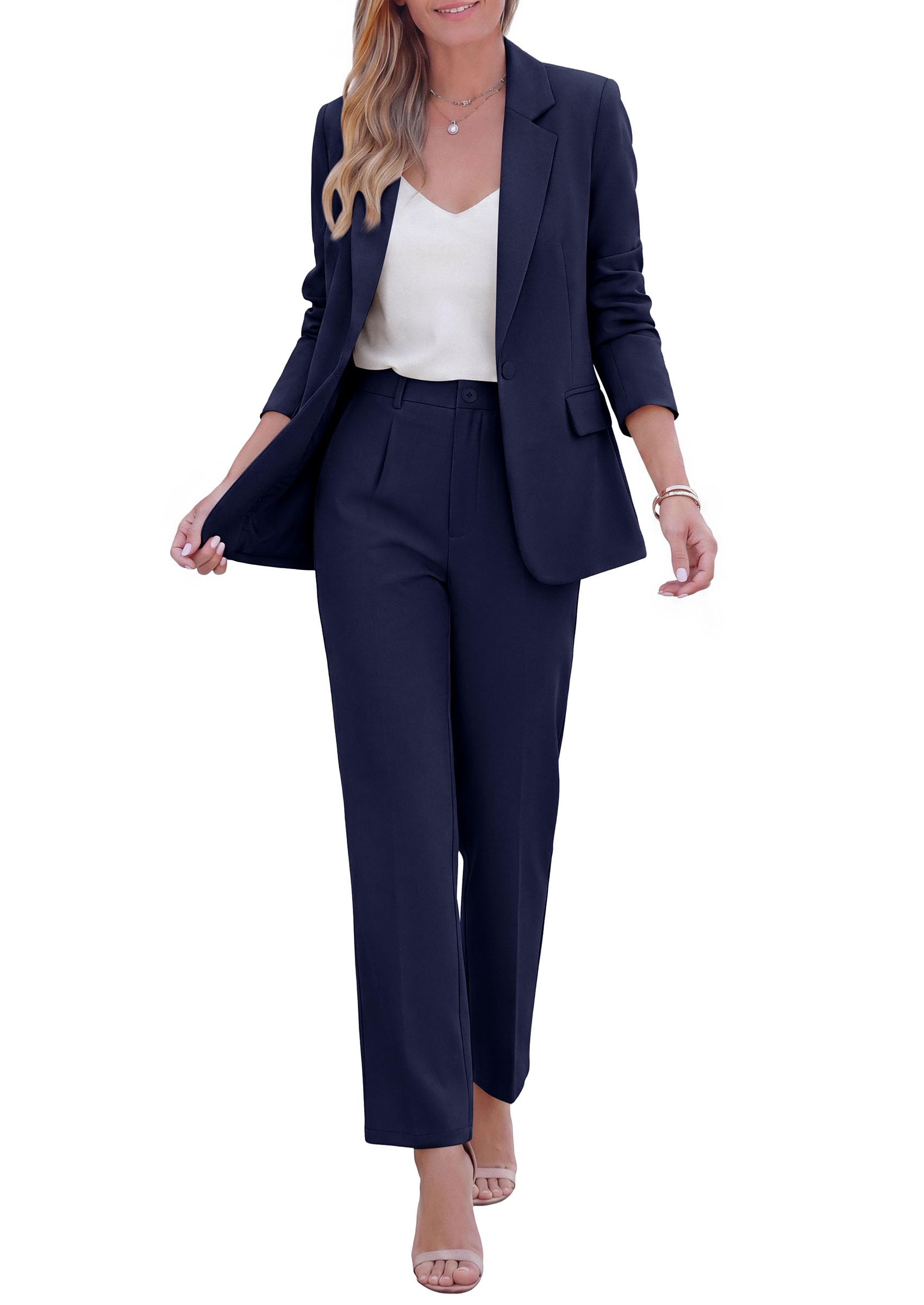 Two Piece Sets for Women Dressy Pant Suits,Navy Blue,M