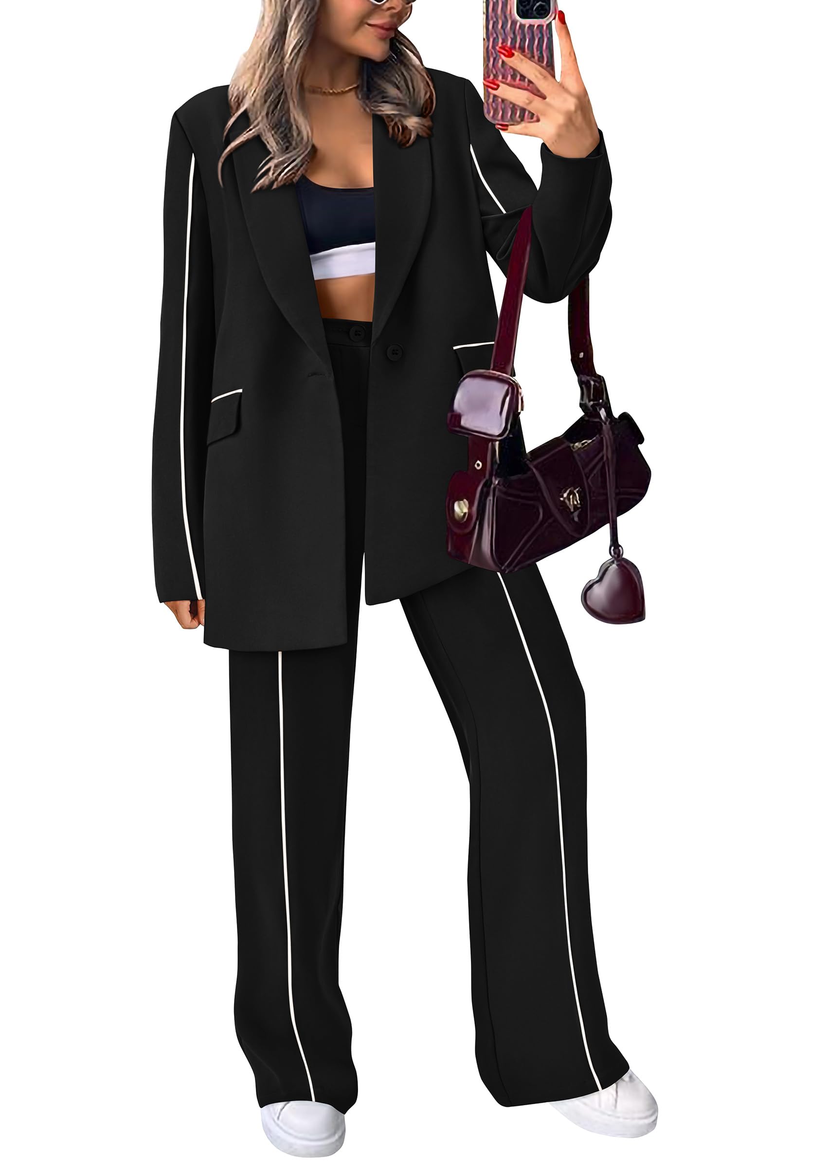 Women's 2 Piece Blazer Business Casual Outfits(Black,S)