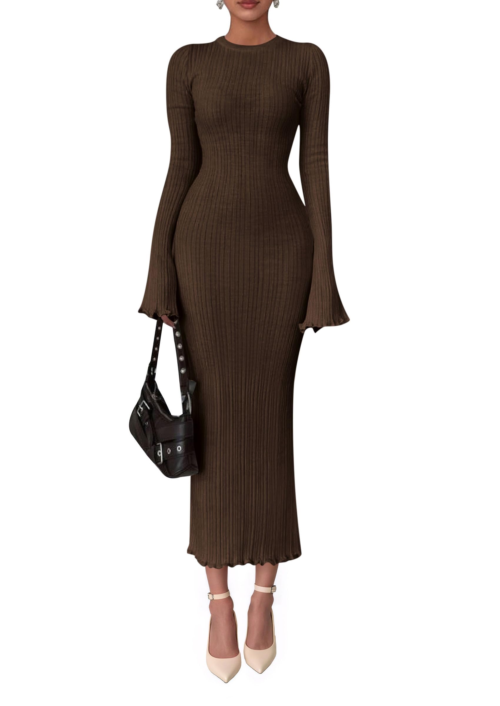 Women's Sweater Dress Long Sleeve Maxi Dresses,Brown,S