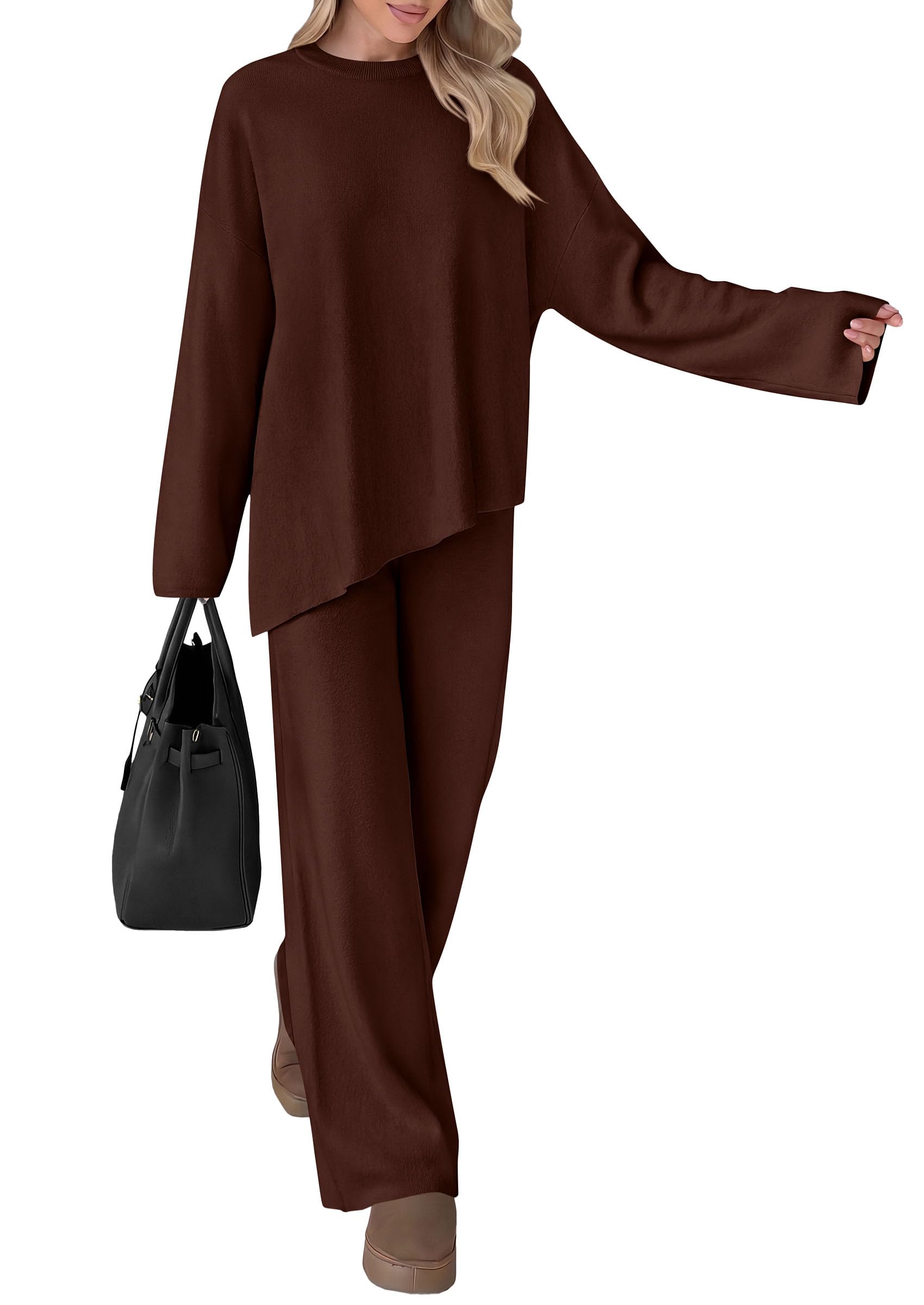 Womens Fall 2 Piece Asymmetric Cozy Sweater Travel Lounge Sets