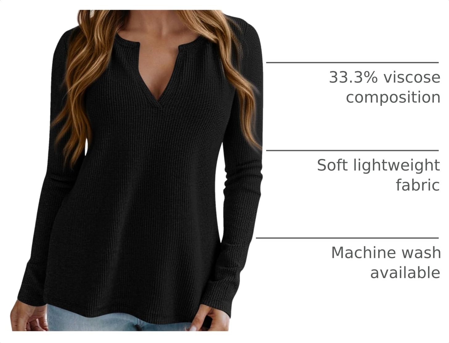 Long Sleeve Shirts for Women Waffle Knit Tops,Black,S