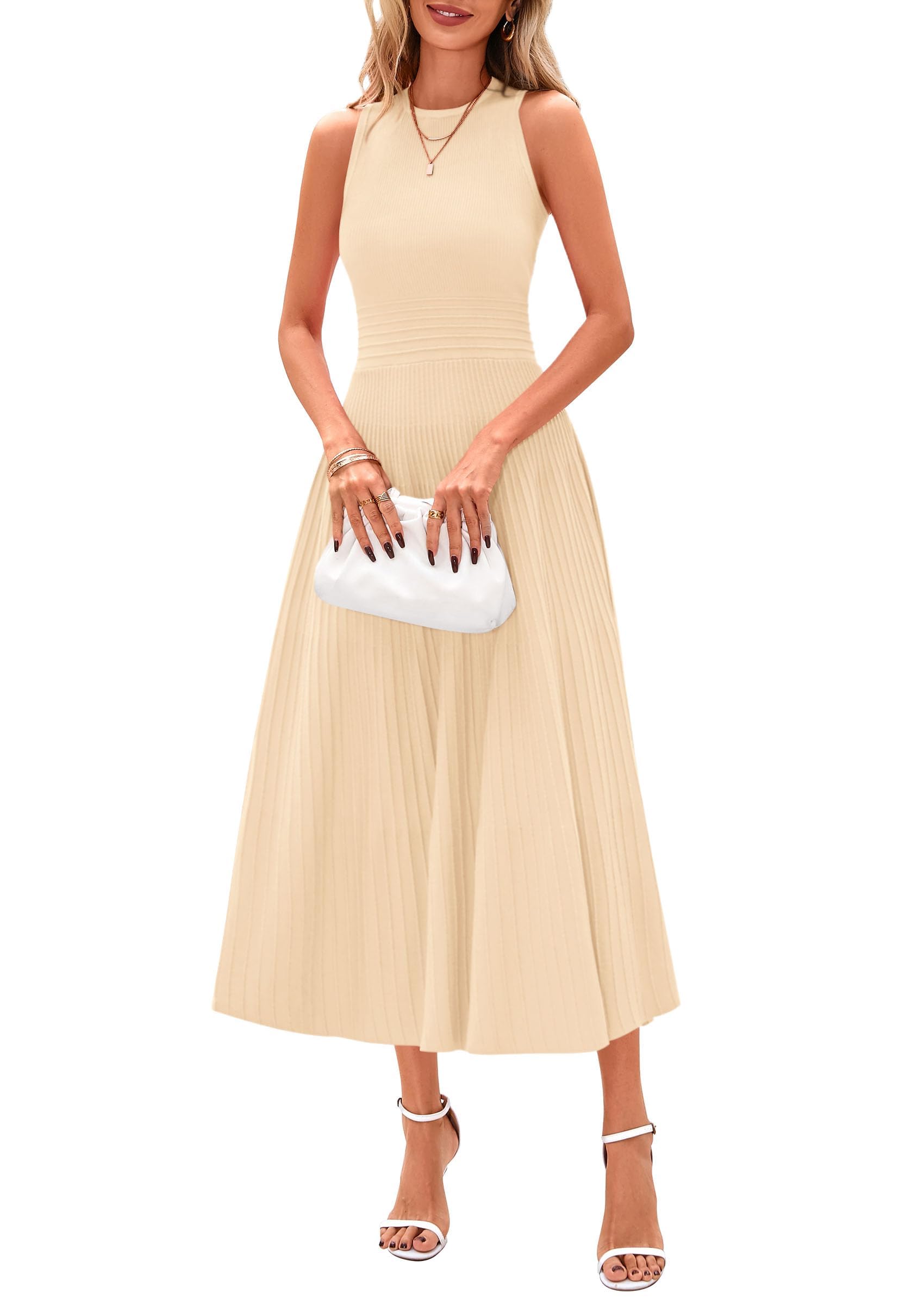 Women's Summer Pleated Midi Work Dress,Apricot,S