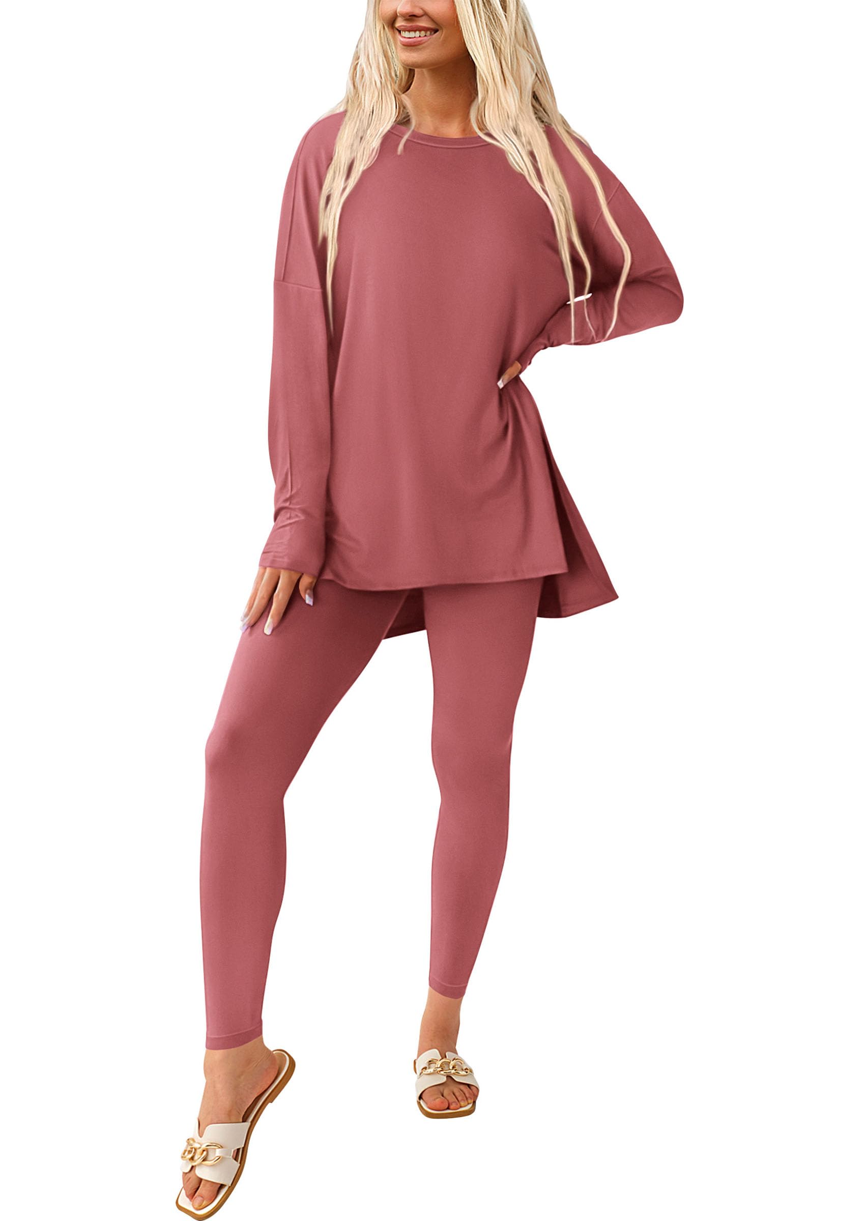 Women's 2 Piece Outfits Matching Lounge Sets,Dusty Pink,S