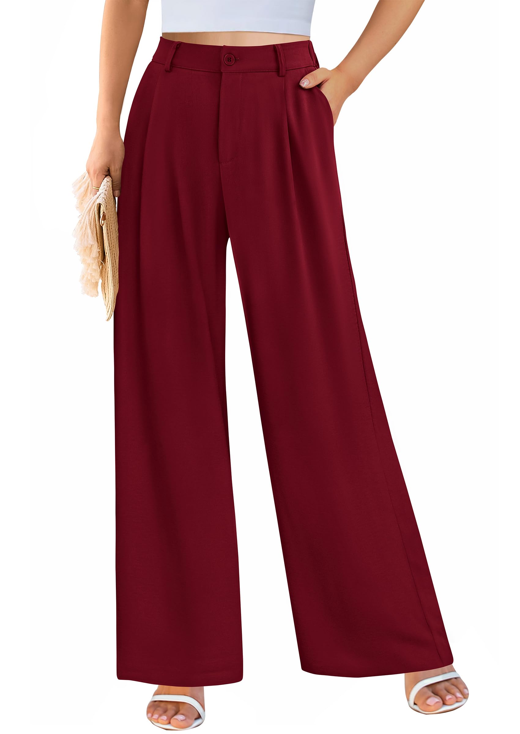 Women's Flowy Wide Leg Dress Pants,Wine Red,S