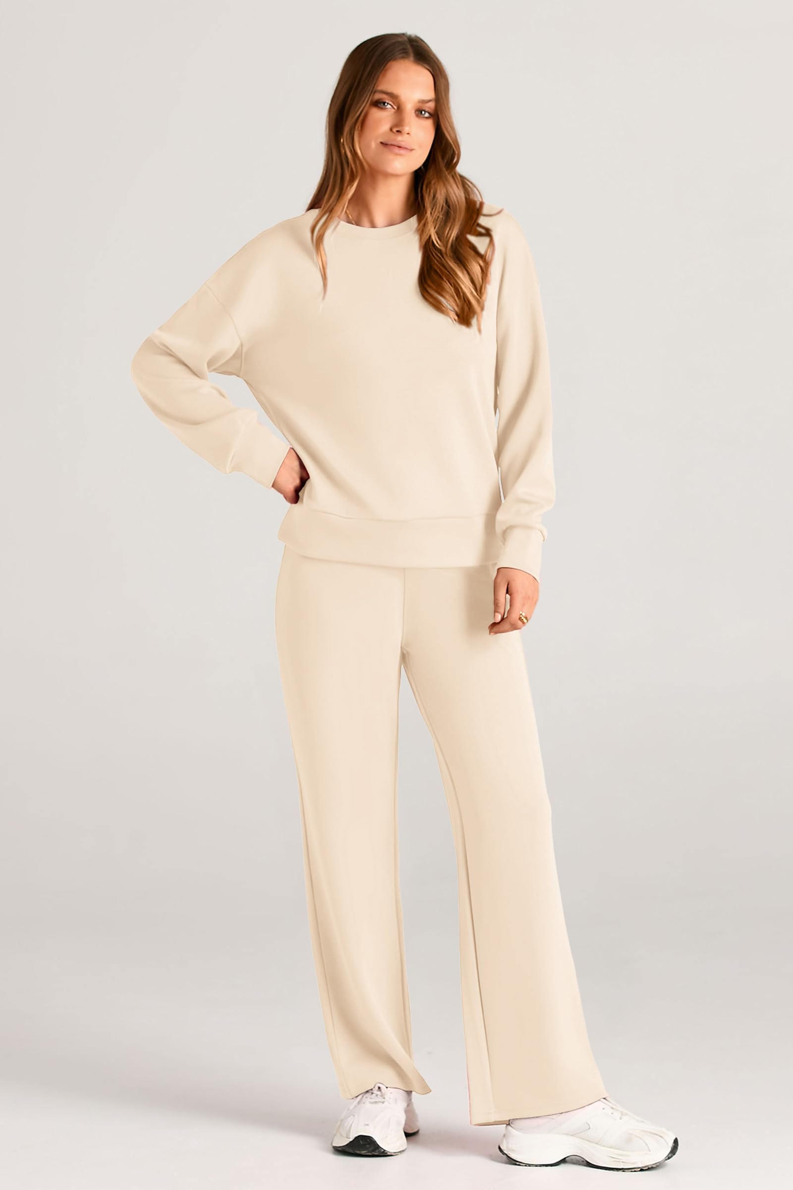 Womens 2 Piece Outfits 2025 Fall Long Sleeve Sweatshirt Wide Leg Pants Lounge Sets Winter Sweatsuits Tracksuit (Beige,Small)