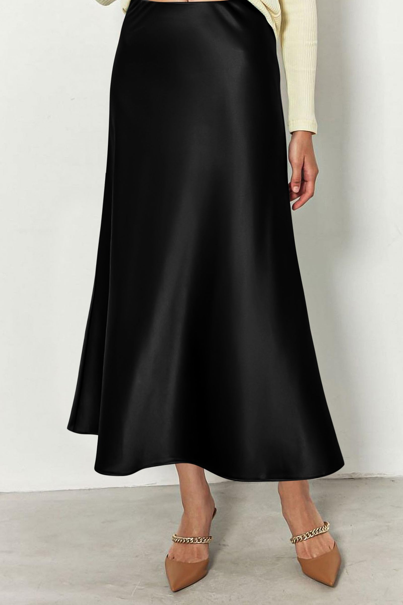 Women's Satin Midi Skirts Dressy Casual,Black,S