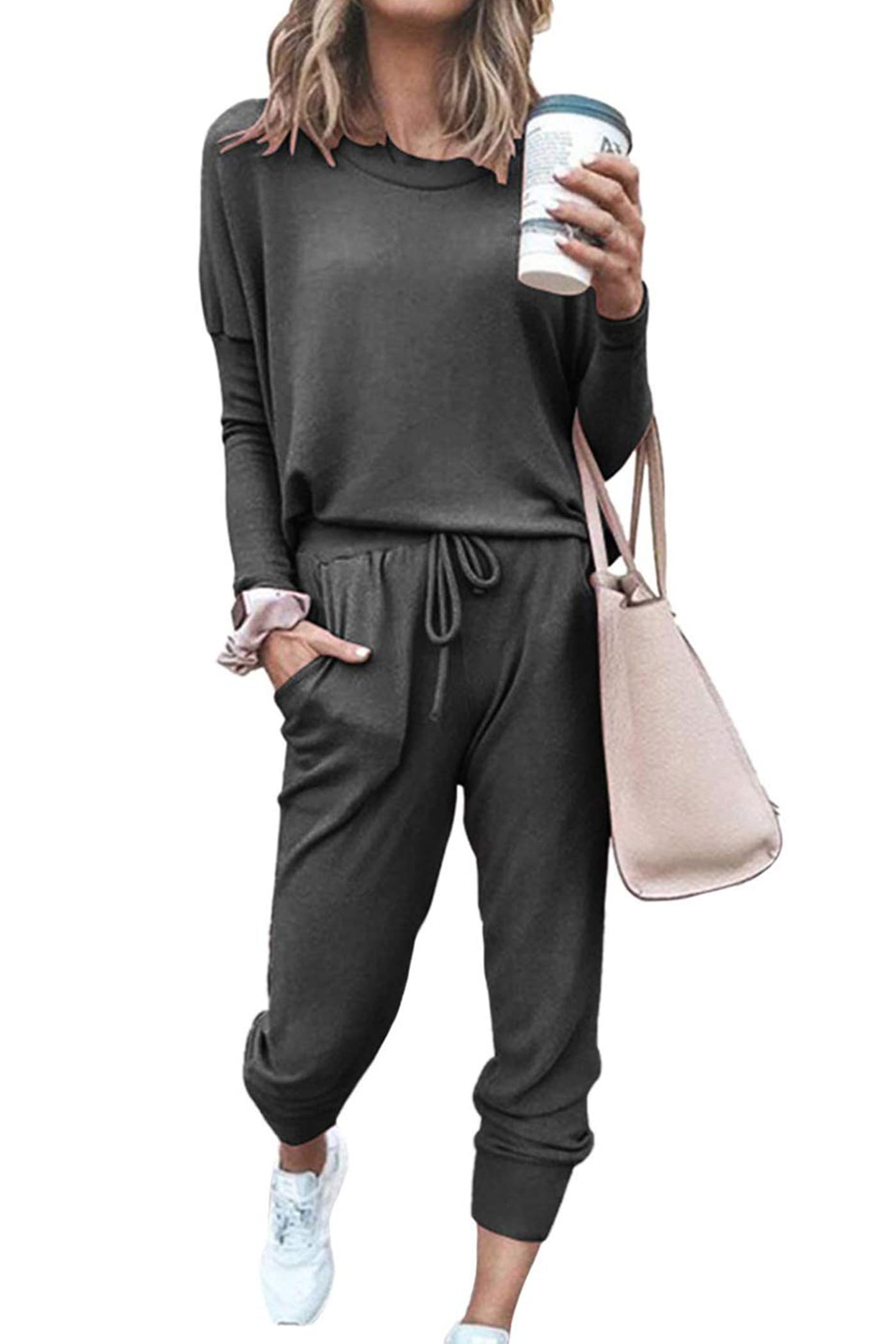 Travel Outfit Women 2 Piece Lounge Sets, Dark Grey,S