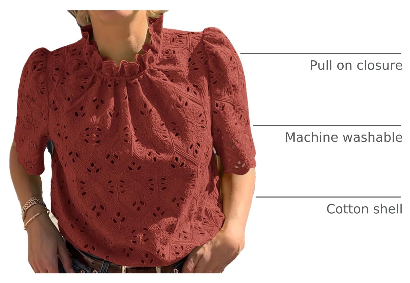 Women Summer Tops Eyelet Embroidered Shirts,Brown Red,XS