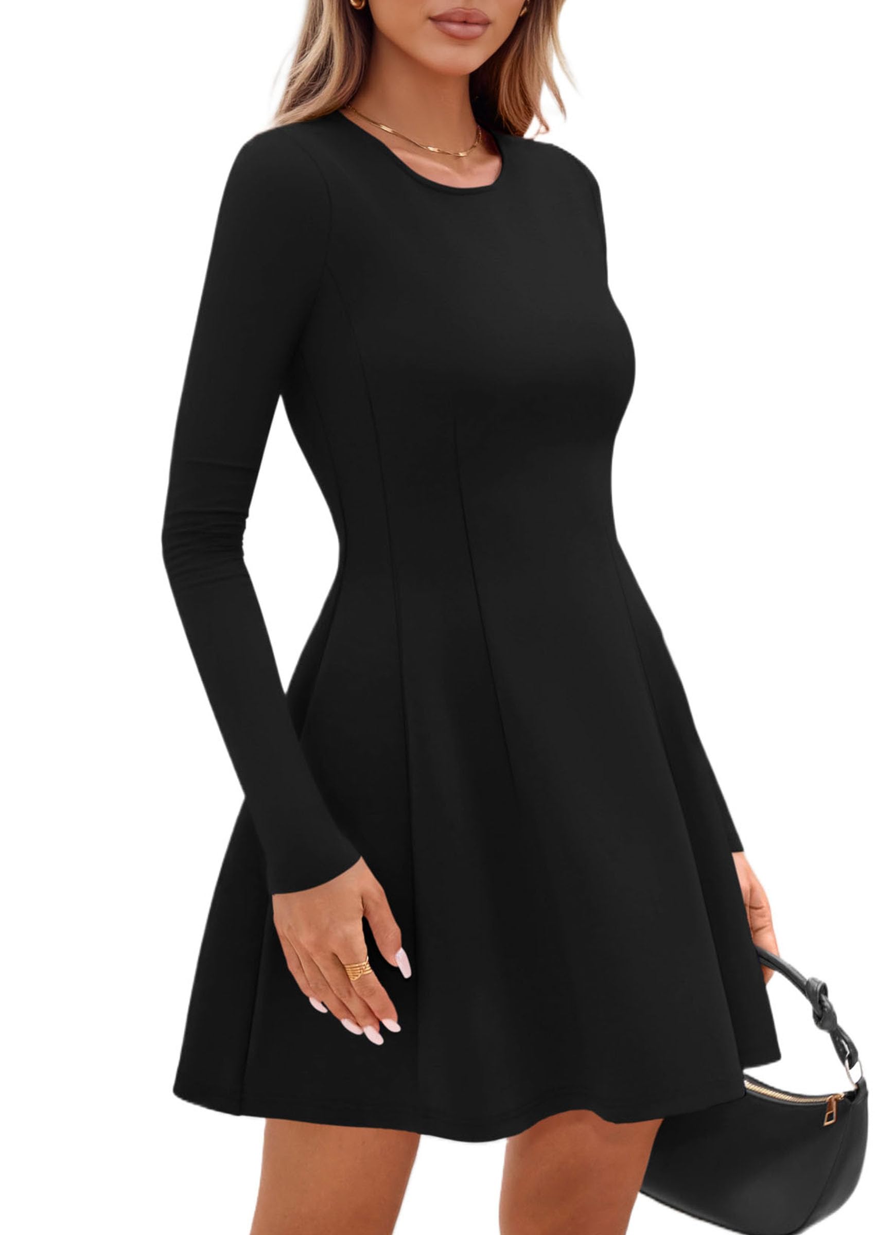 Womens Long Sleeve Pleated Mini Dress,Black,XS