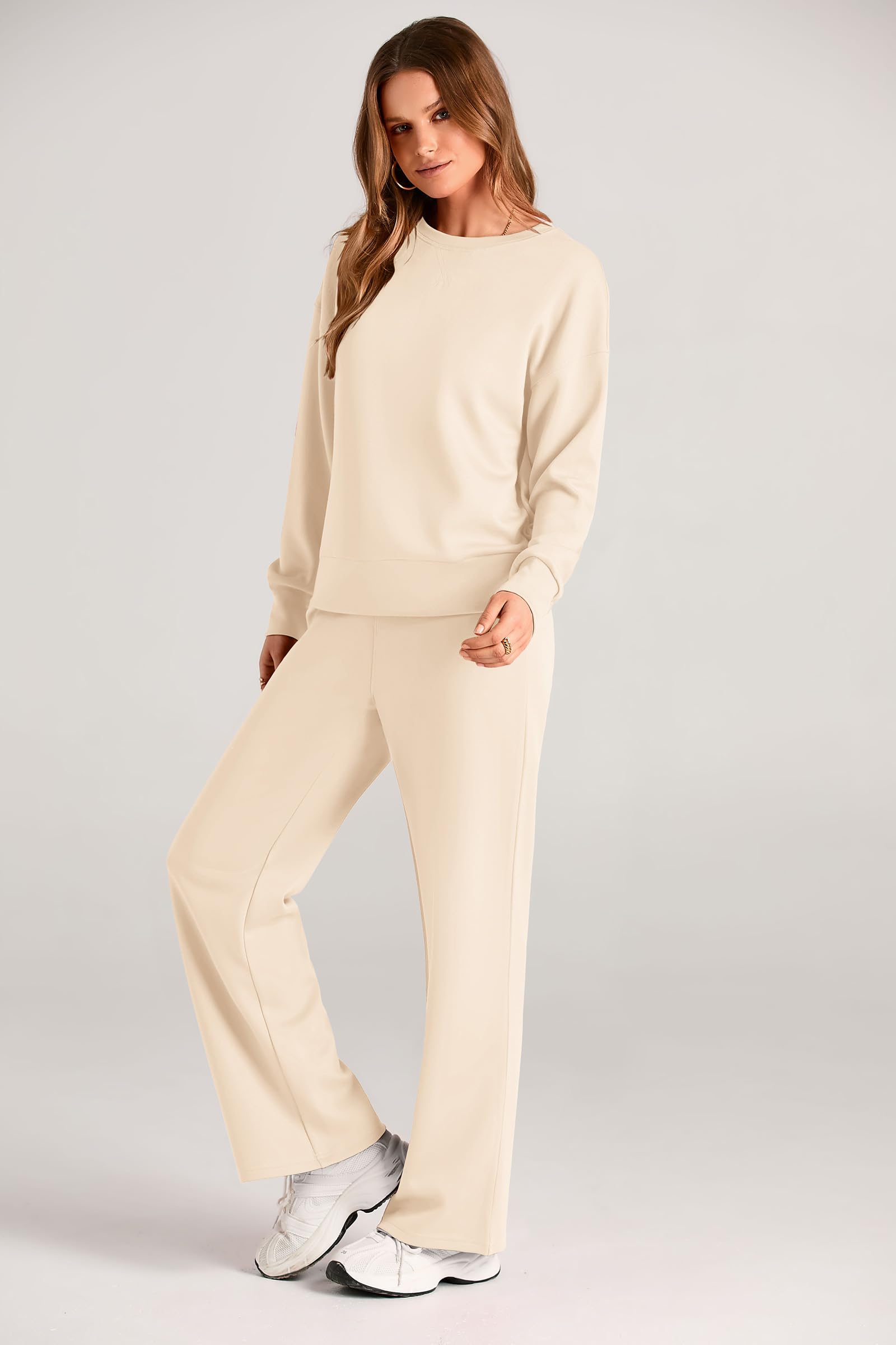Womens 2 Piece Outfits 2025 Fall Long Sleeve Sweatshirt Wide Leg Pants Lounge Sets Winter Sweatsuits Tracksuit (Beige,Small)