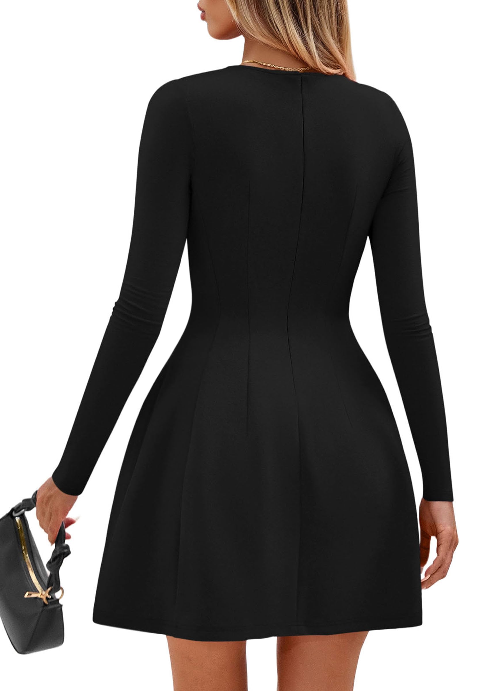 Womens Long Sleeve Pleated Mini Dress,Black,XS
