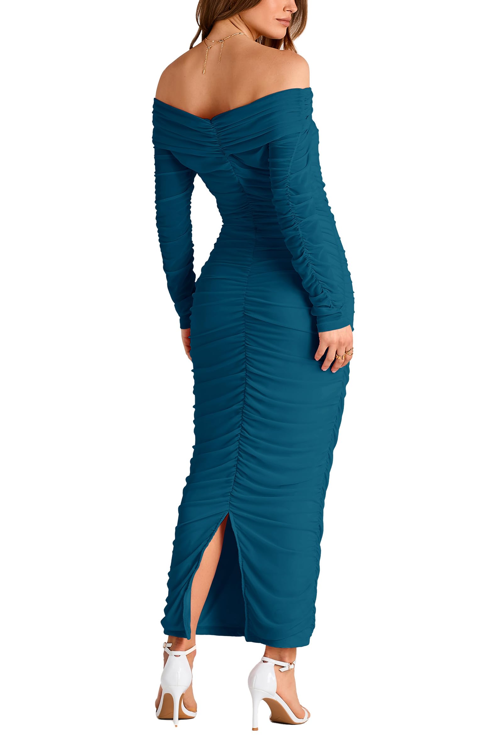 Women's Off the Shoulder Maxi Bodycon Dress, Lake Blue,S