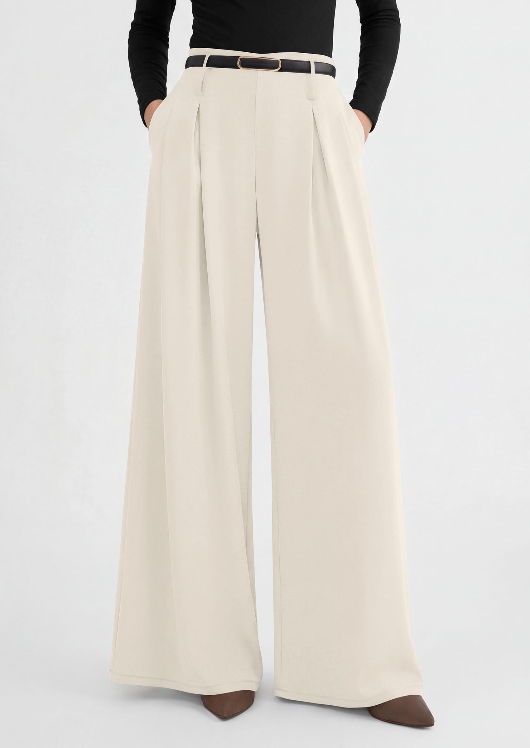 Womens Wide Leg Dress Pants Flowy Trousers,Beige,S