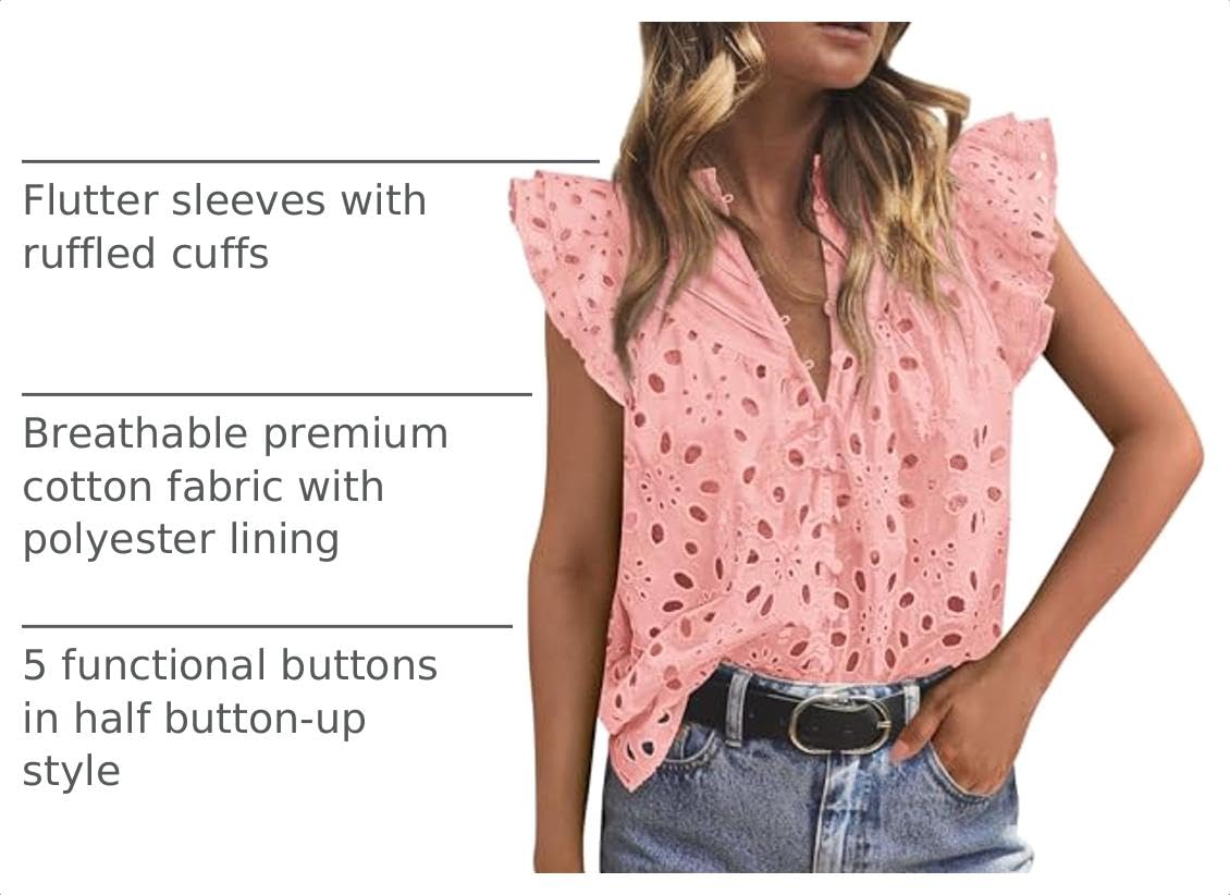 Women's Eyelet V Neck Summer Tops Dressy Casual Pink,S