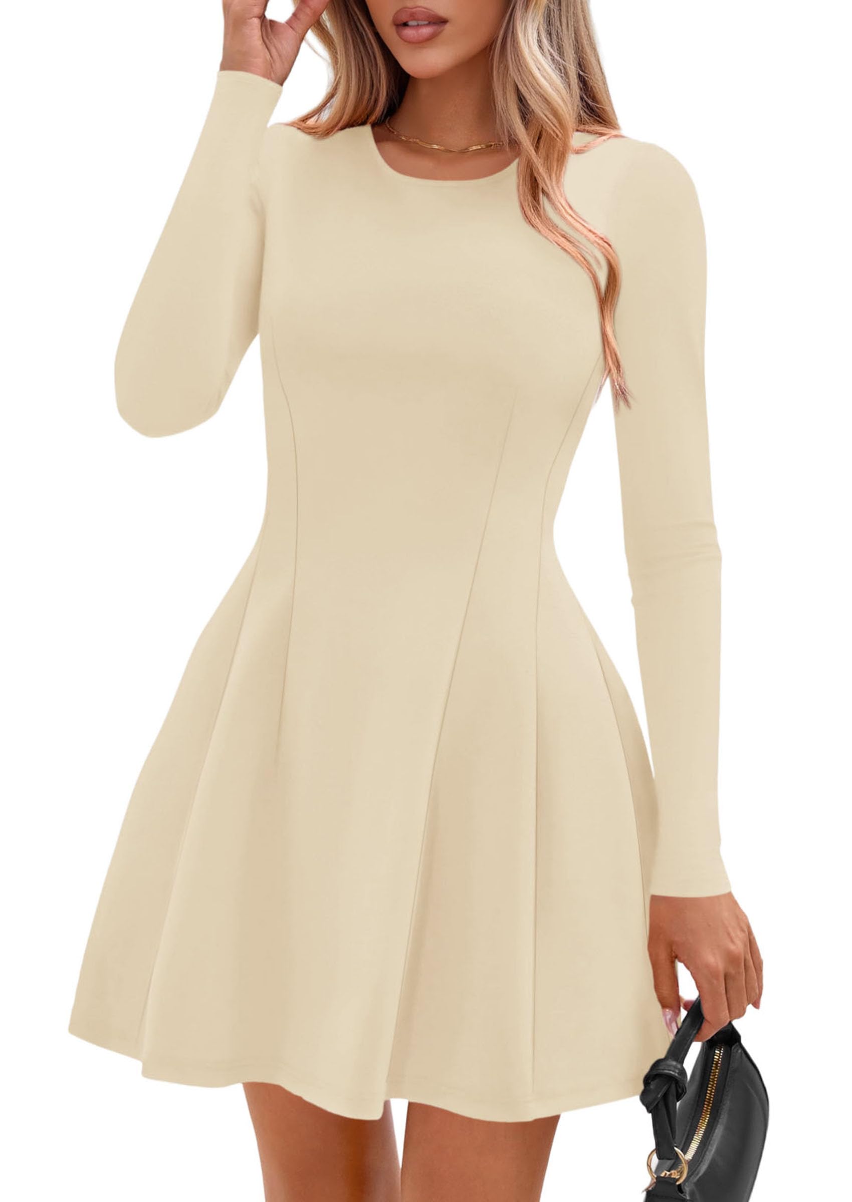 Womens Long Sleeve Pleated Mini Dress,Beige,XS