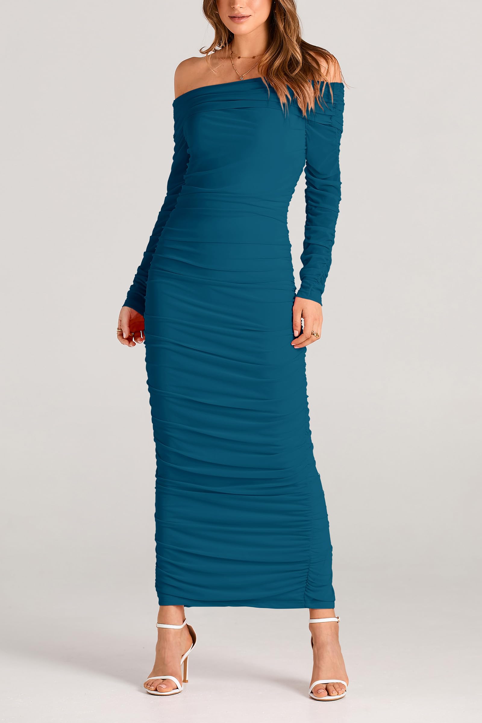 Women's Off the Shoulder Maxi Bodycon Dress, Lake Blue,S