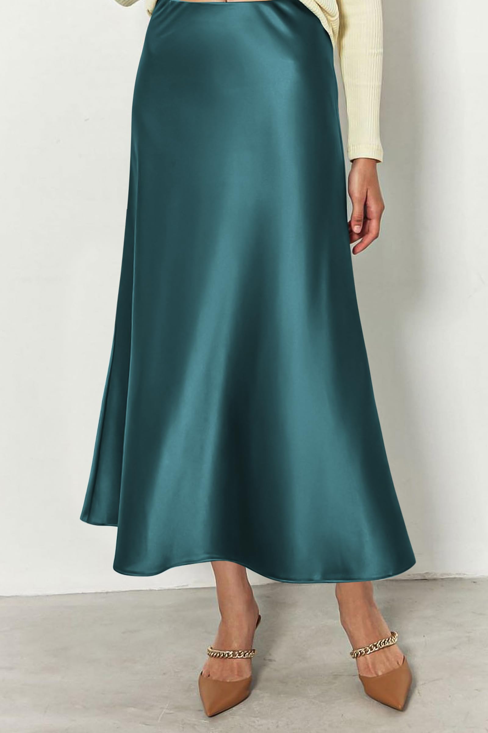 Women's Satin Midi Skirts Dressy Casual,Lake Blue,S