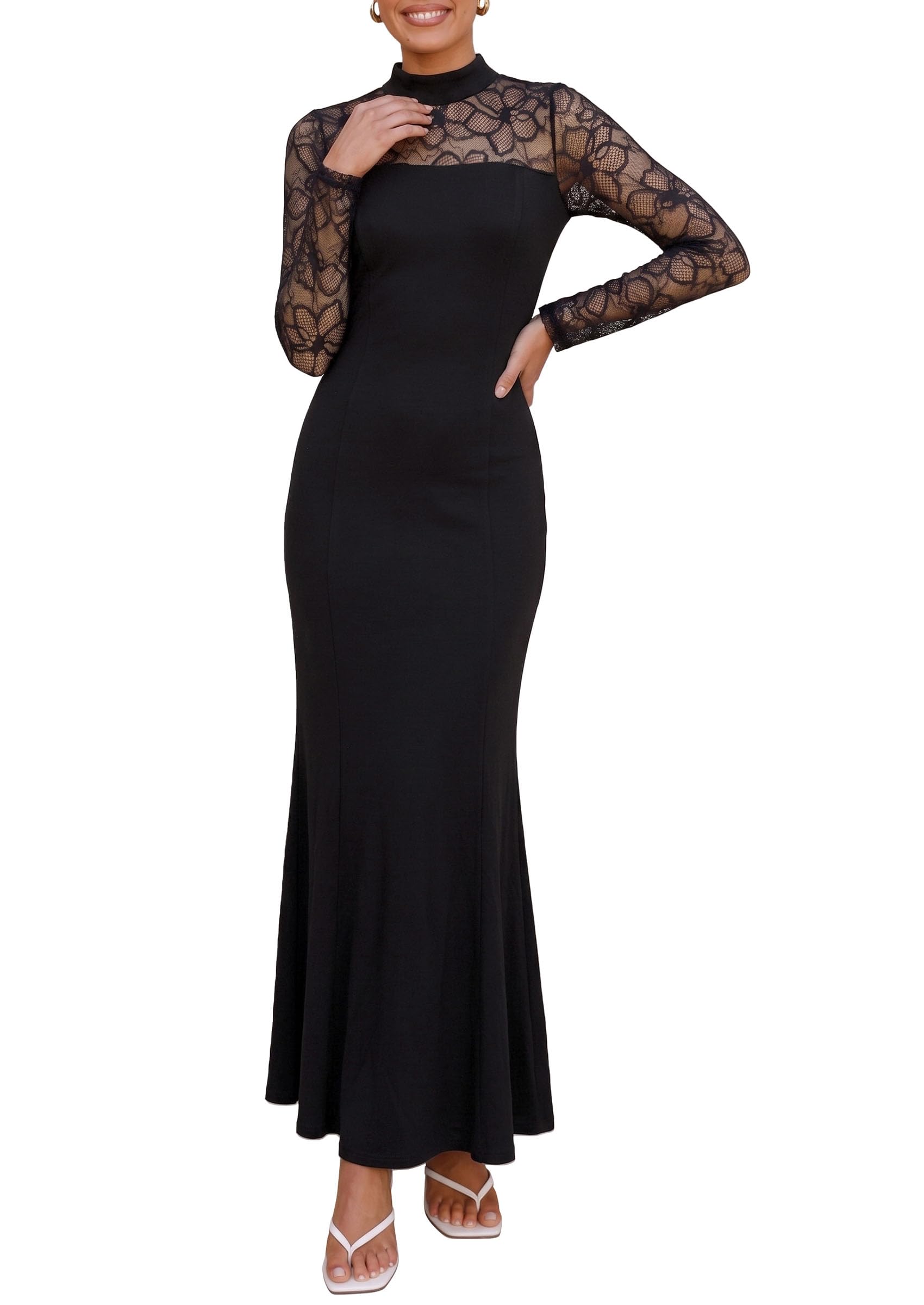 Women's Fall Lace Sheer Dress Bodycon Maxi Cocktail Dresses