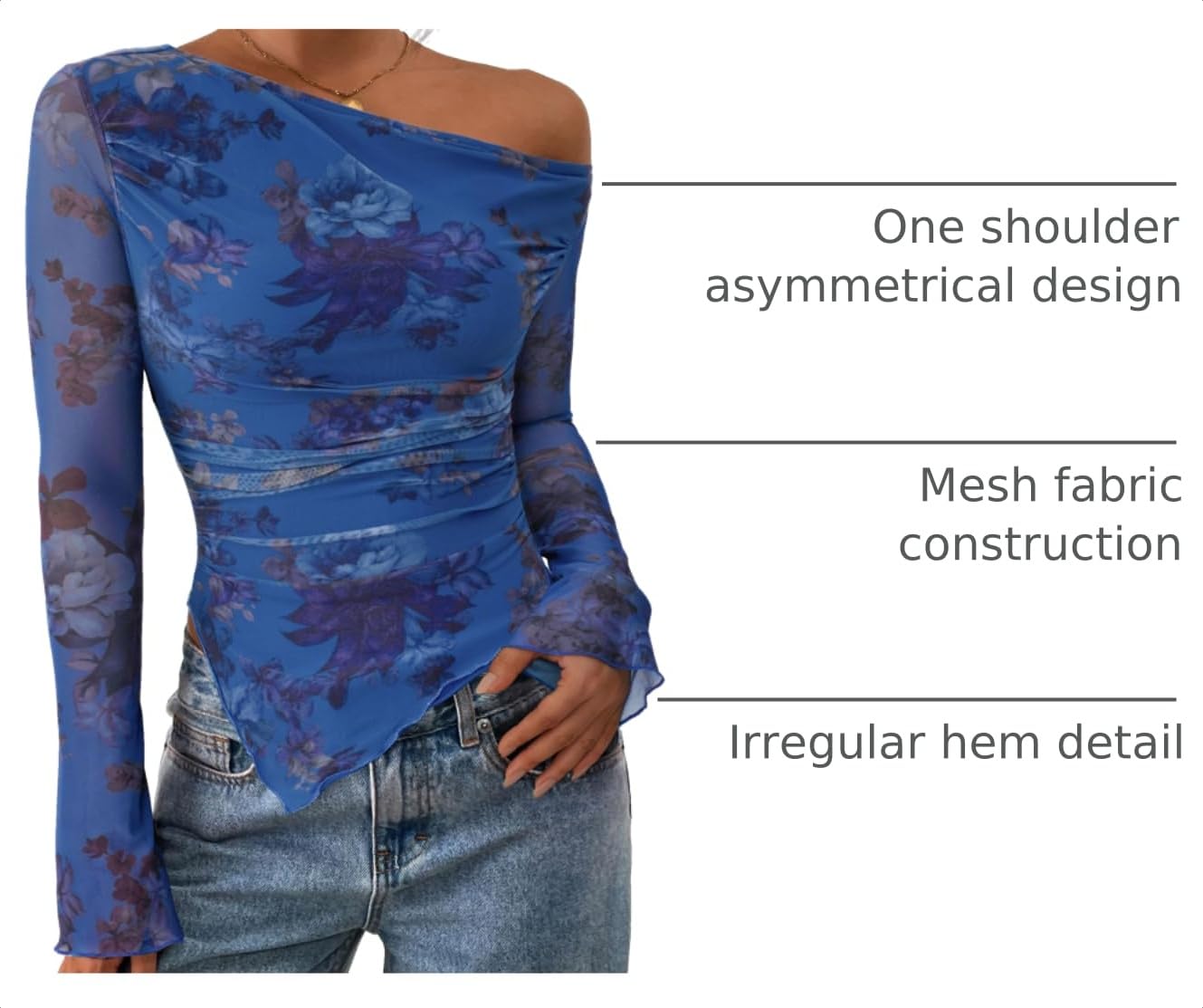 Womens Off Shoulder Mesh Y2k Tops,Floral Blue,XS
