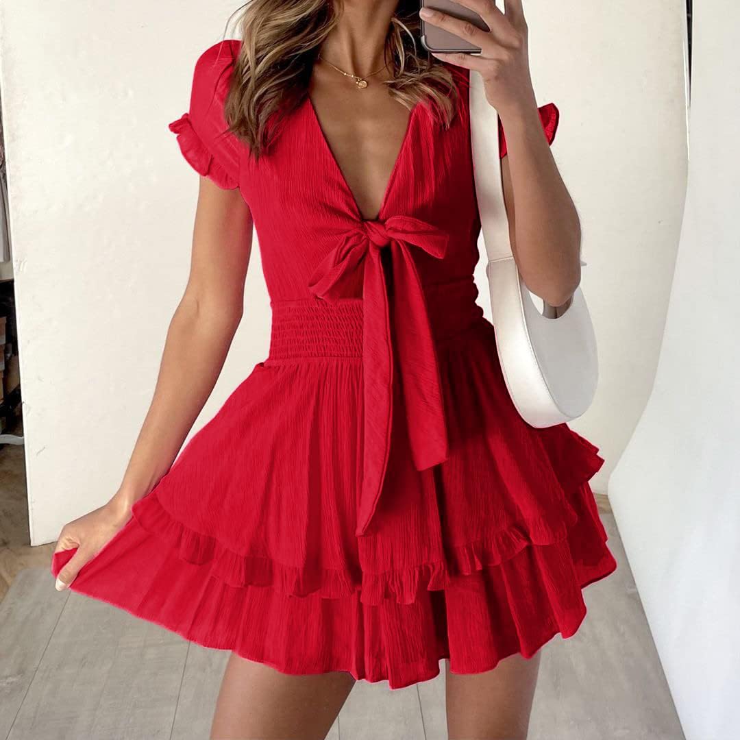 Women's Boho Floral Mini Tiered Bow Dress, Red,S