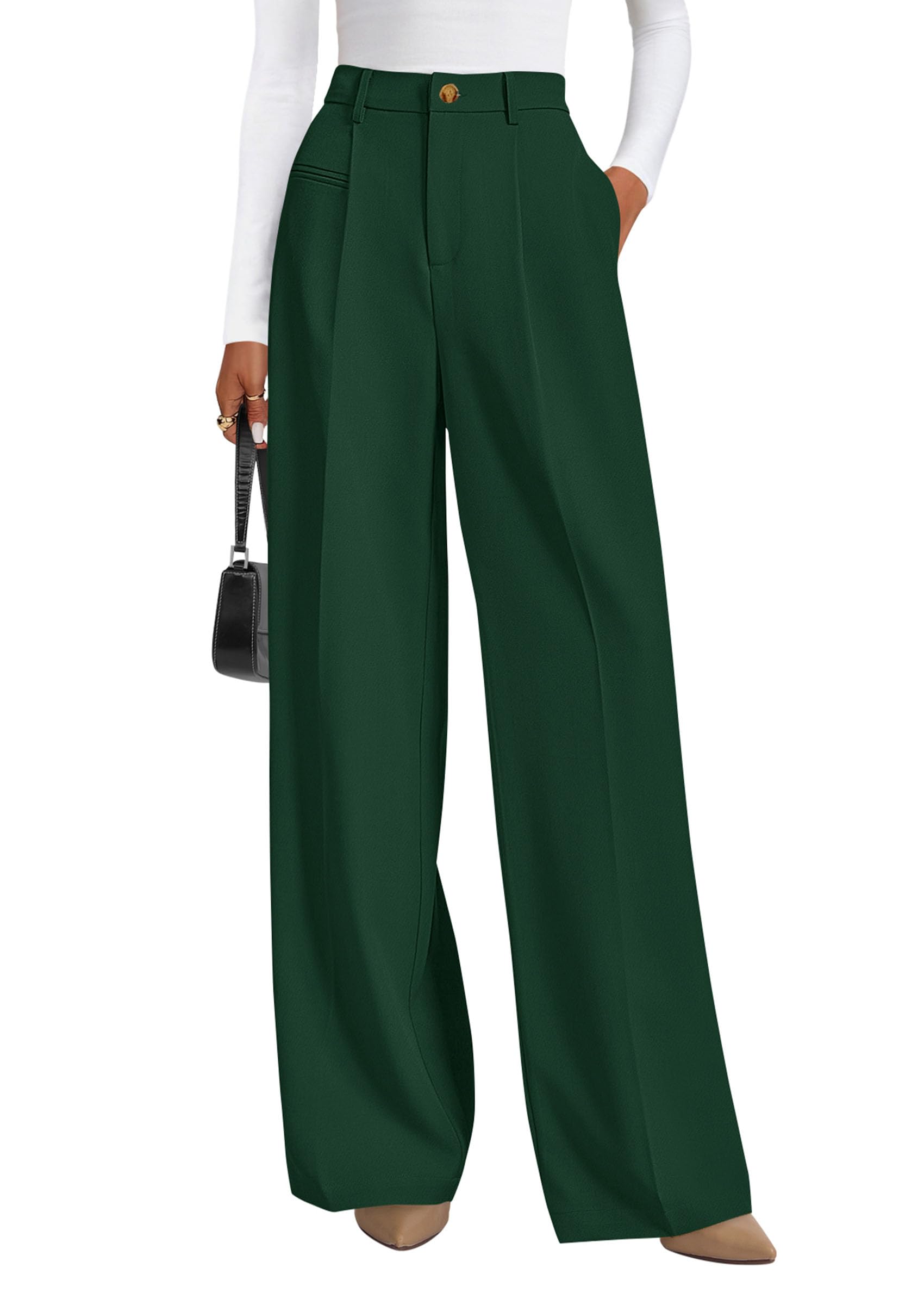 Women's Tailored Wide Leg Work Dress Pants,Dark Green,S