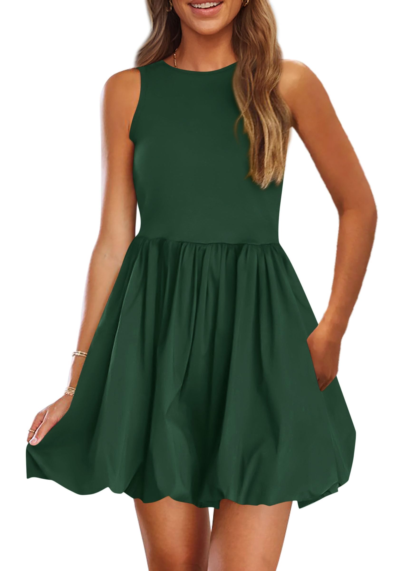 Womens Summer Bubble Sleeveless Mini Dress,Dark Green,S
