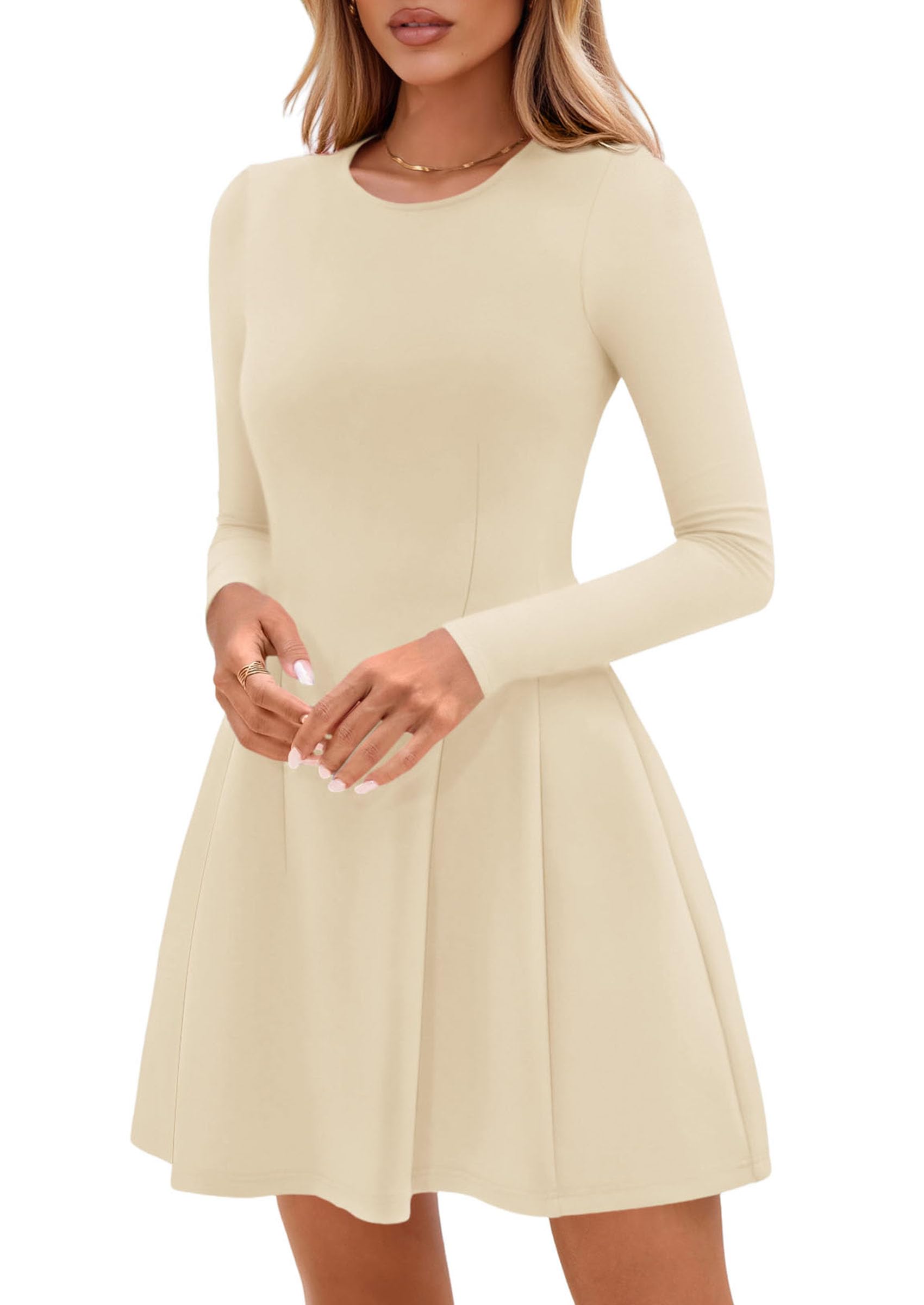 Womens Long Sleeve Pleated Mini Dress,Beige,XS