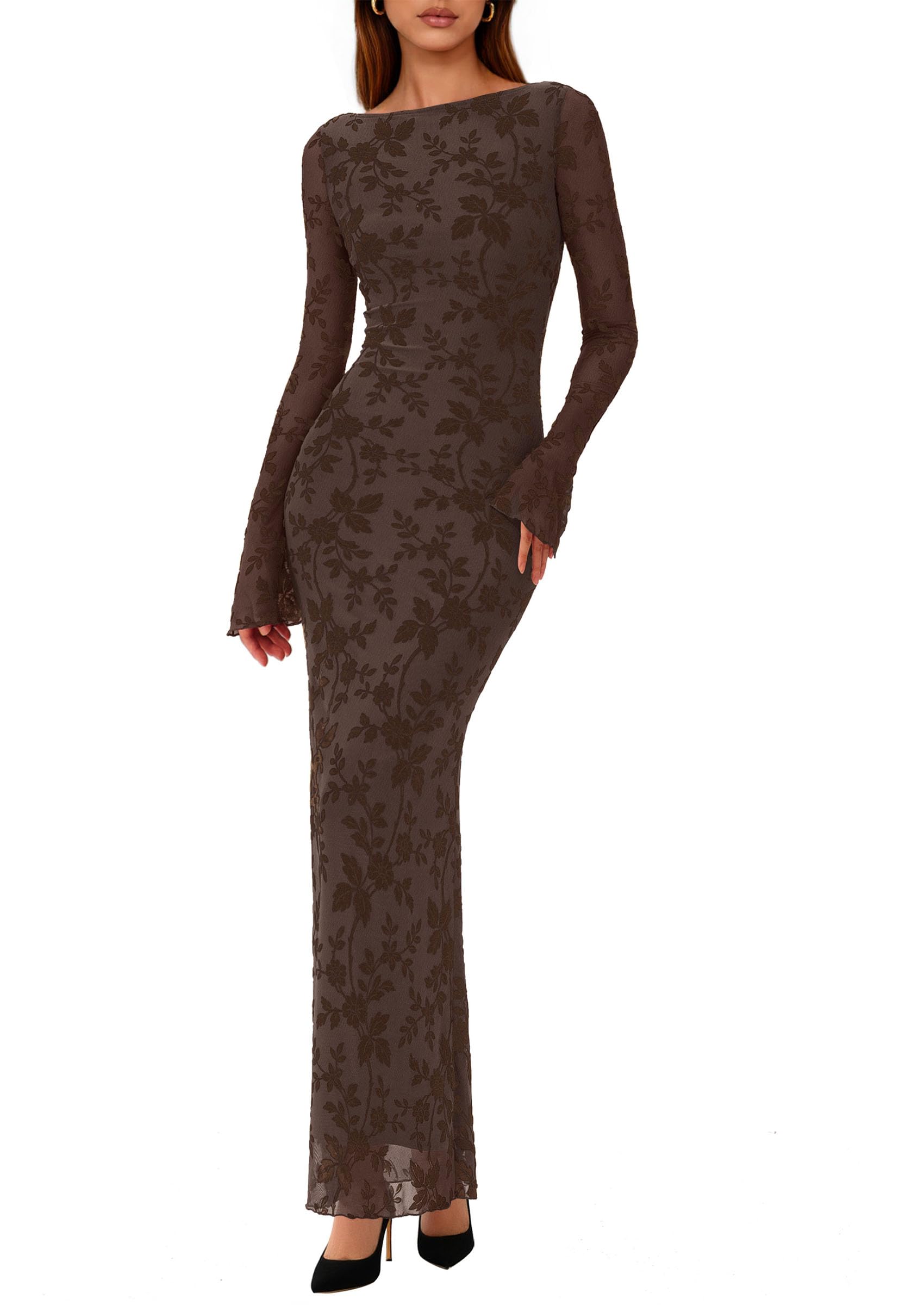 Women's Floral Bodycon Maxi Dress Wedding Guest Dresses Brown