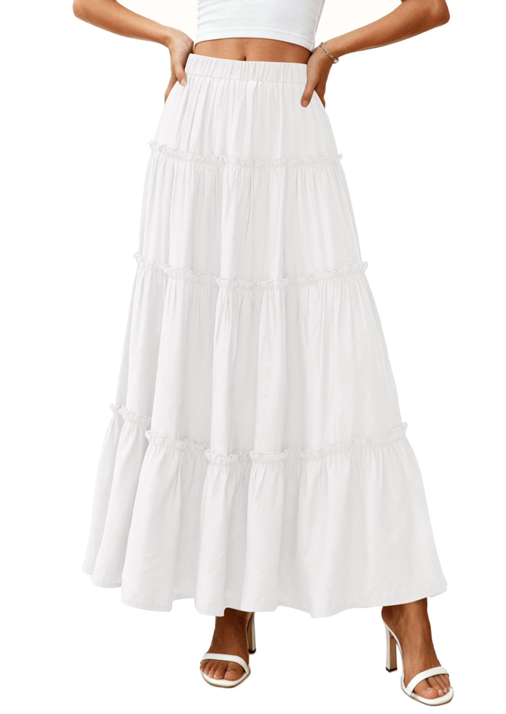 Women's Boho Tiered Ruffle Flowy Maxi Skirt, White,M