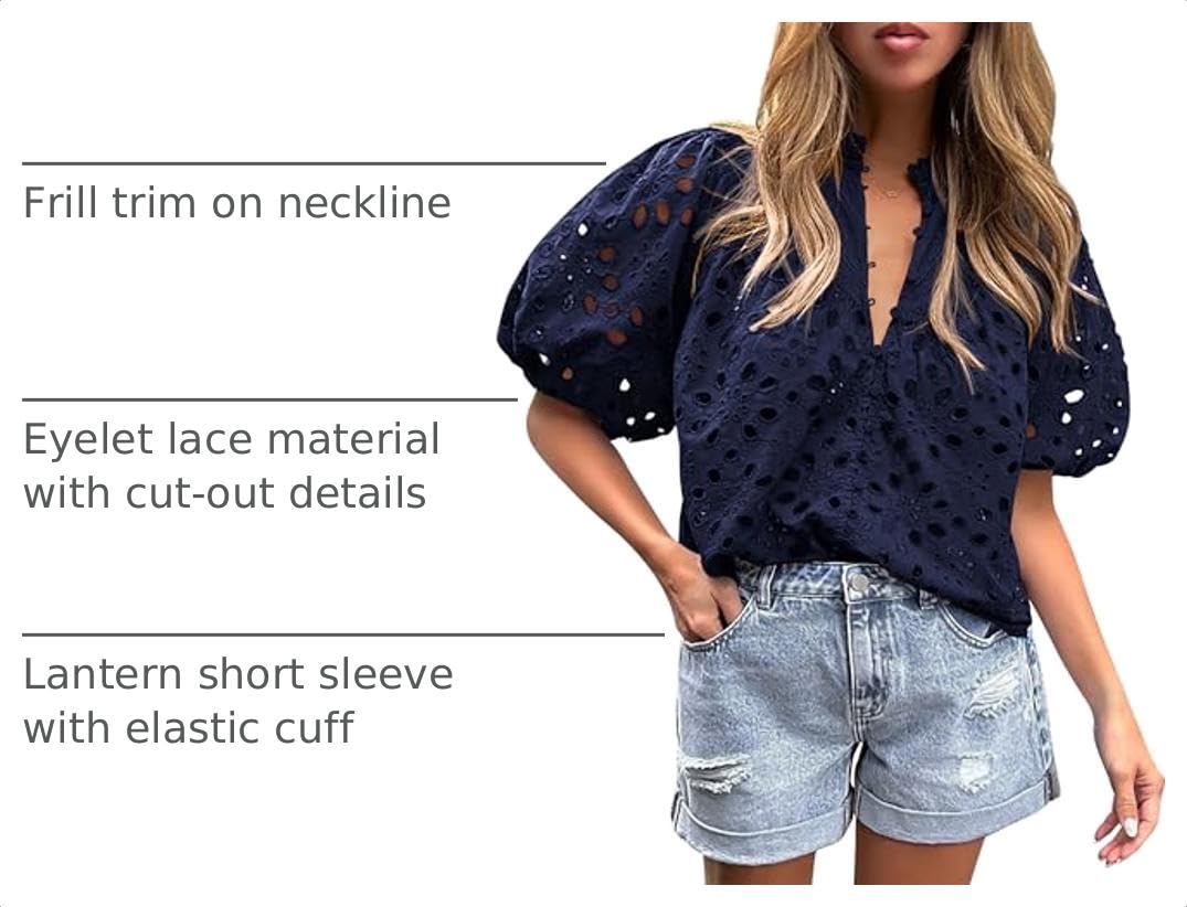 Womens Tops Boho Eyelet Puff Sleeve Blouse, Navy,S