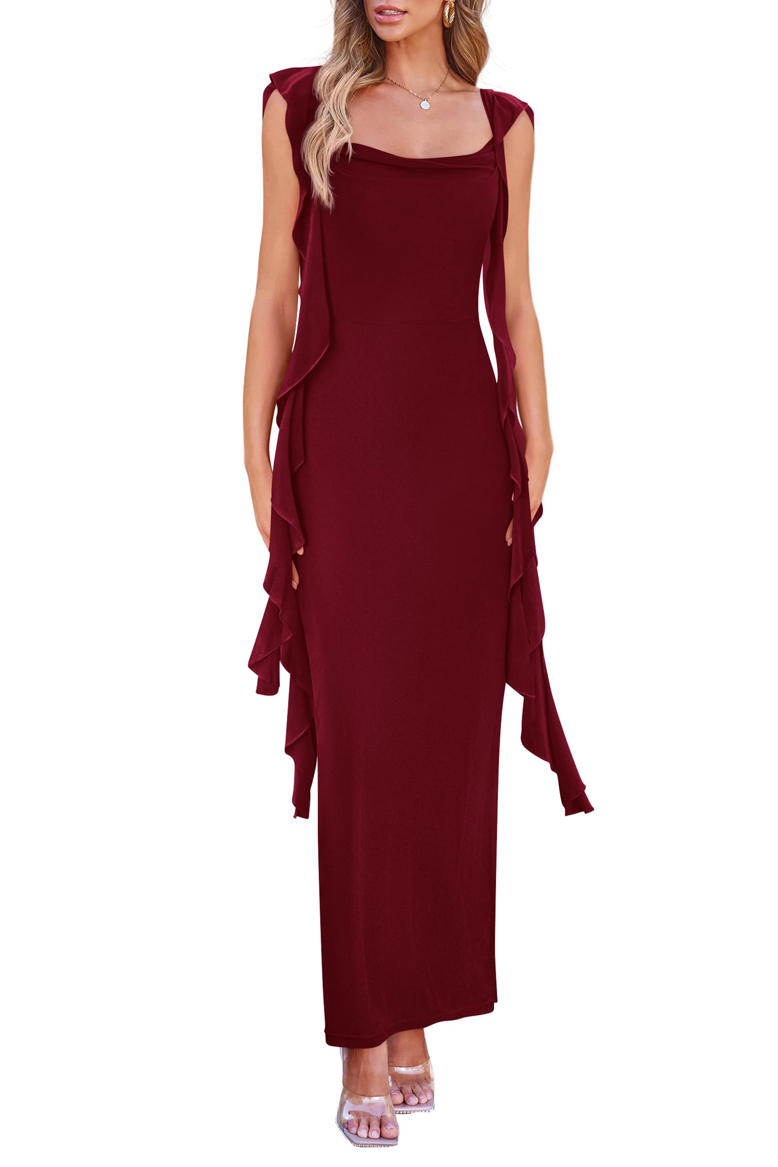 Summer Dresses for Women Ruffle Bodycon Maxi Dress,Wine Red,S
