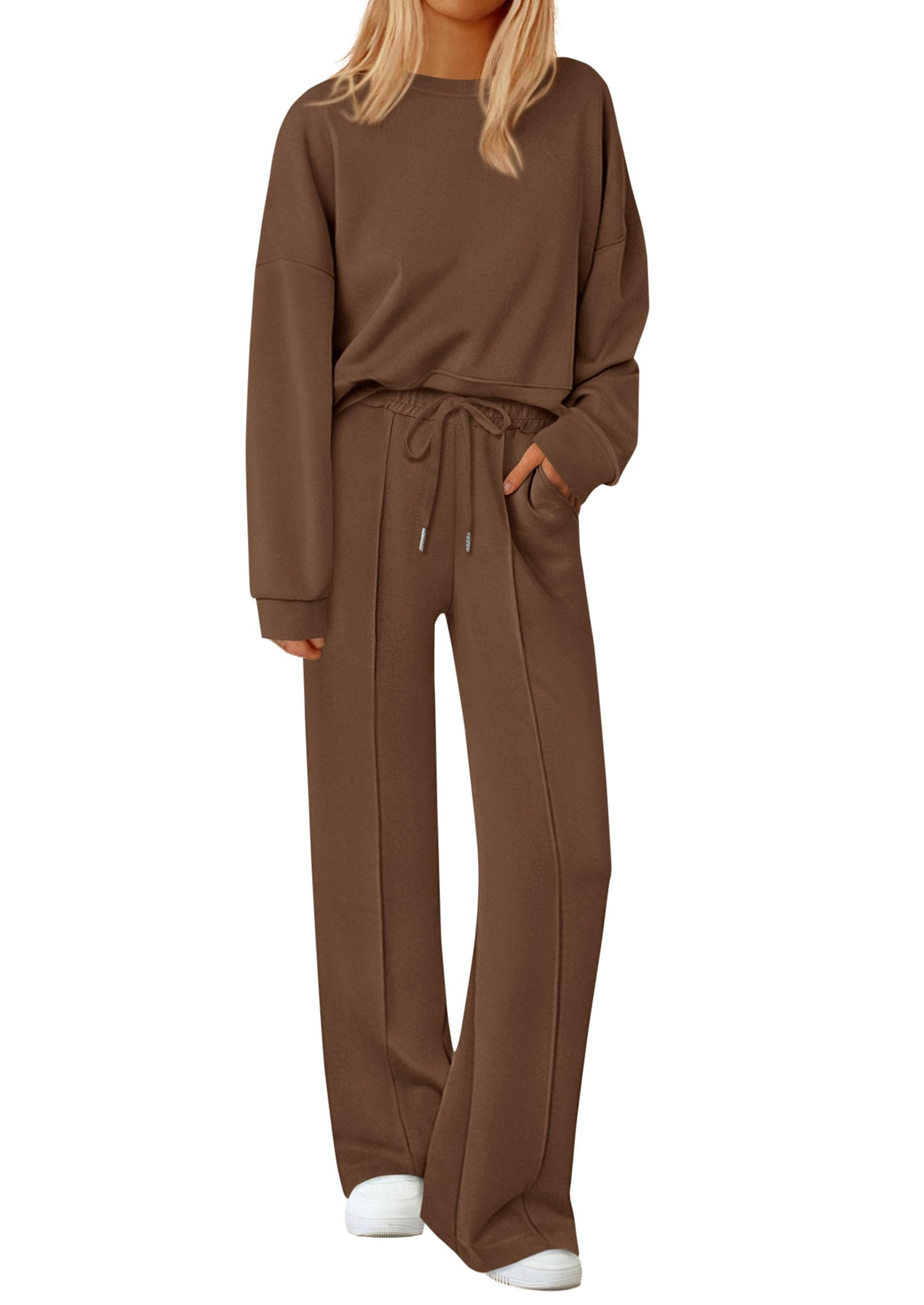 Womens Long Sleeve Sweatshirt 2 Piece Sets,Brown,S