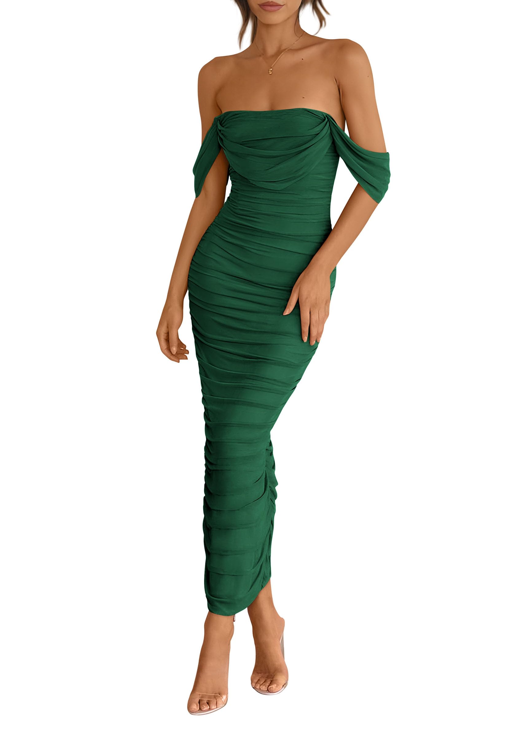 Womens Off Shoulder Maxi Wedding Guest Dress,Dark Green,S