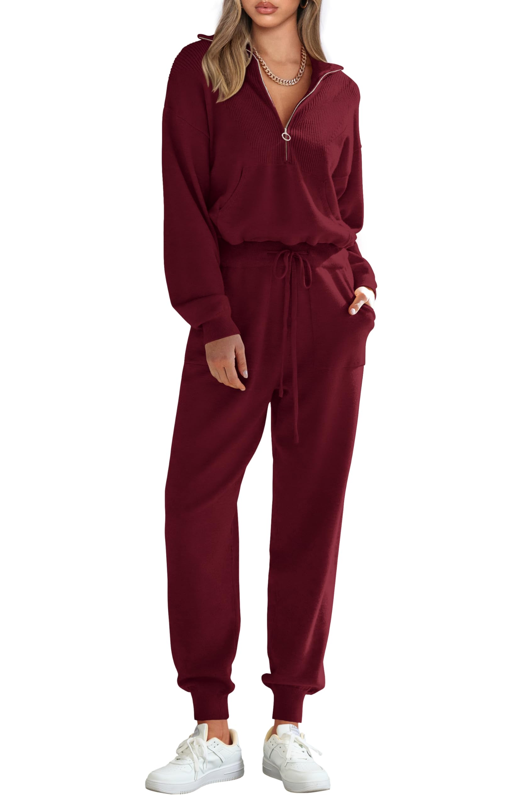 Women's 2 Piece Sweatsuits Set Fall Outfits(Wine Red,S)