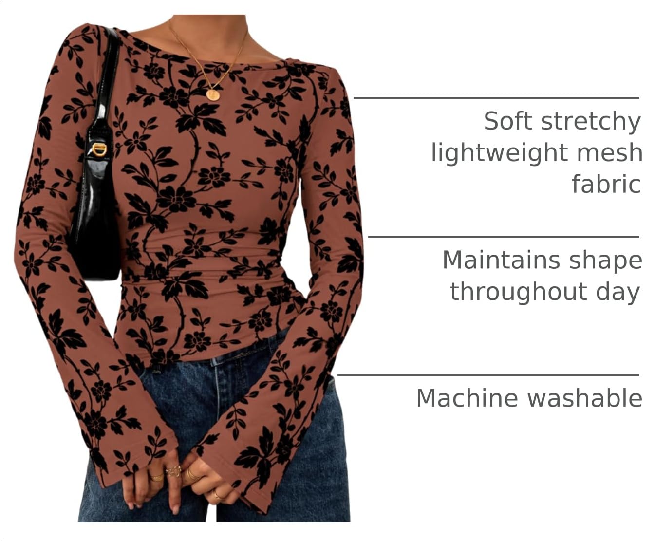 Women's Long Bell Sleeve Y2K Tops Boho Floral Mesh Blouses