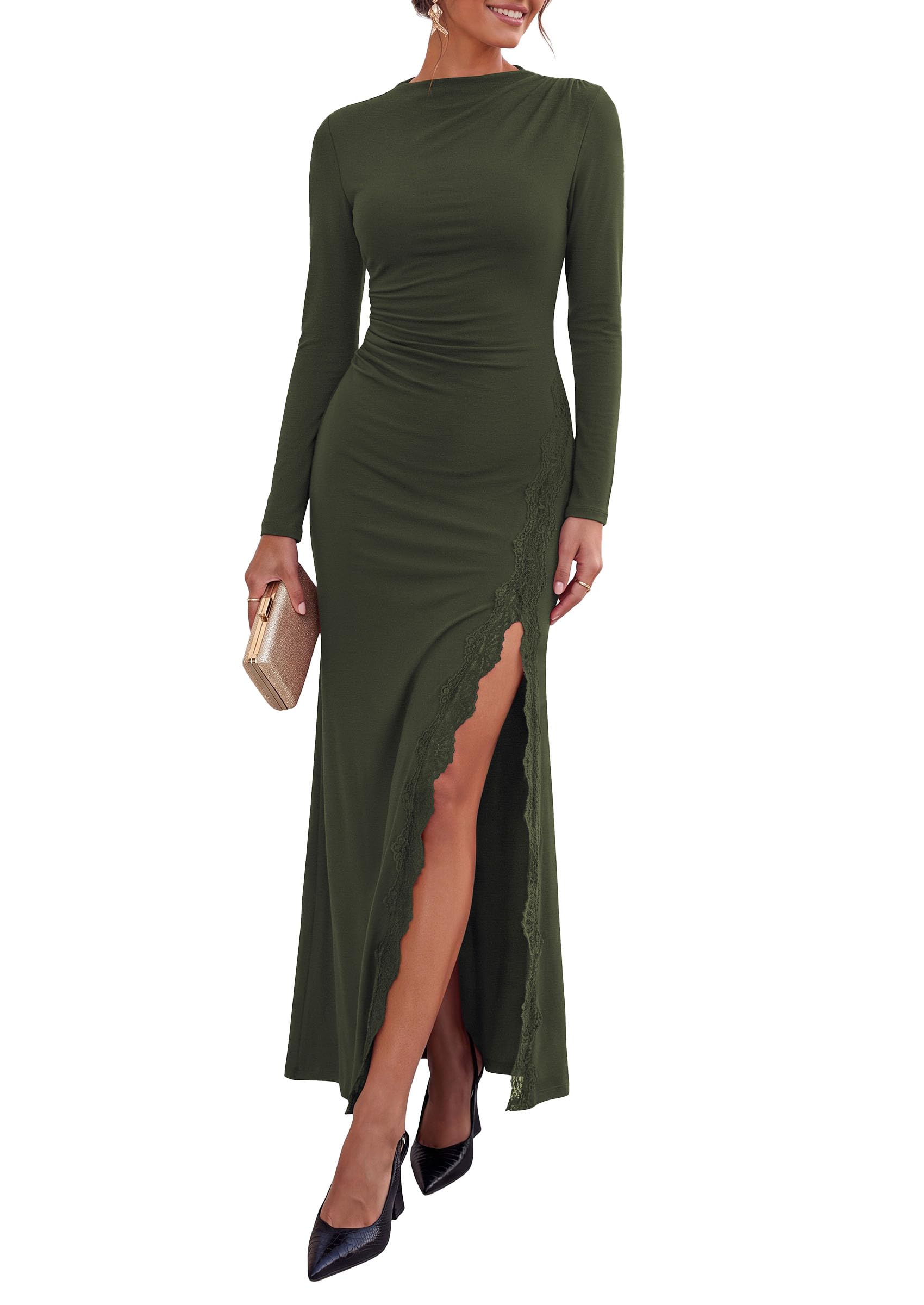 Women's Long Sleeve Wedding Guest Dress Fall Ruched Maxi Dress