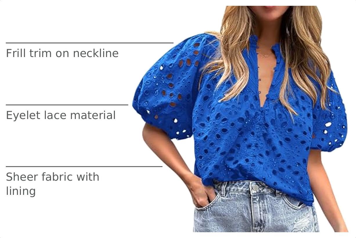 Womens Tops Boho Eyelet Puff Sleeve Blouse, Blue,S
