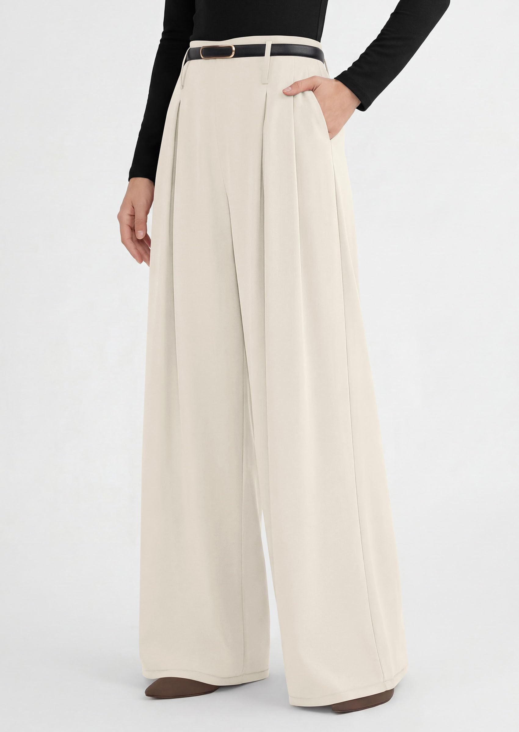 Womens Wide Leg Dress Pants Flowy Trousers,Beige,S