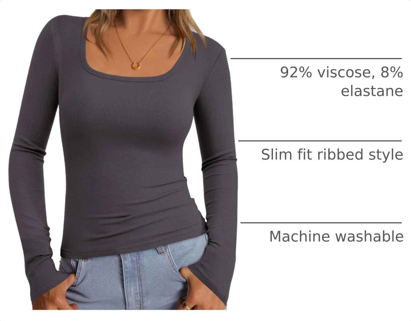 Square Neck Long Sleeve Shirts for Women Dark Grey,XS