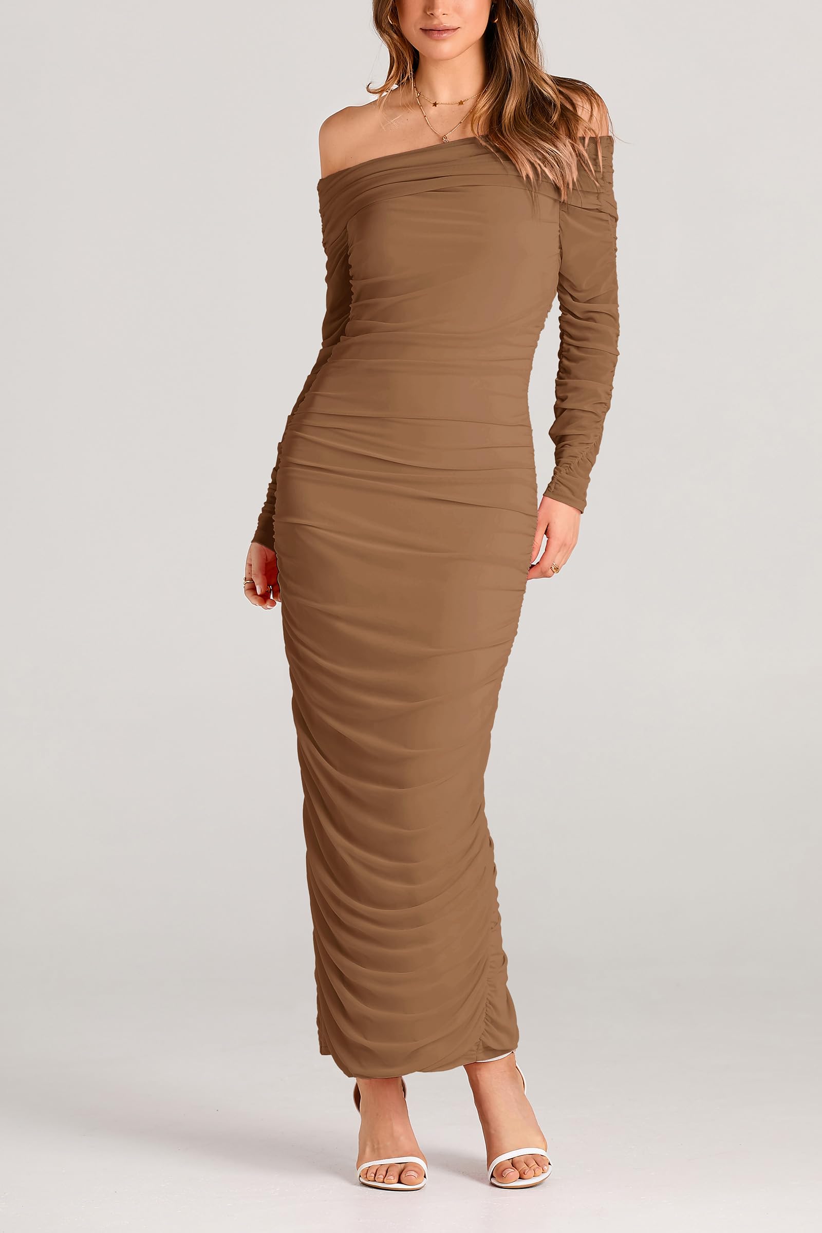 Women's Off the Shoulder Maxi Bodycon Dress, Light Brown,S