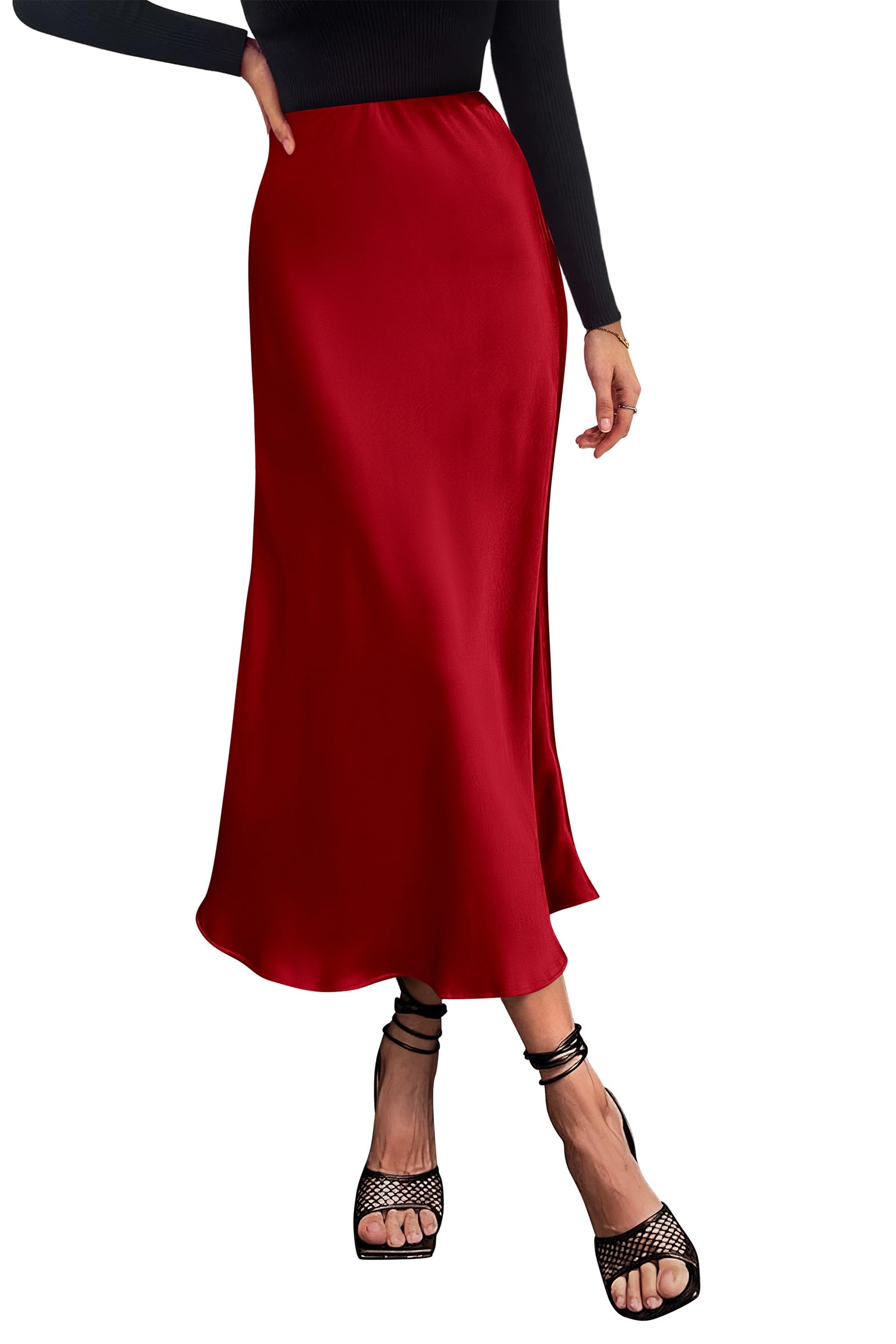 Women's Satin Midi Skirts Dressy Casual,Dark Red,S