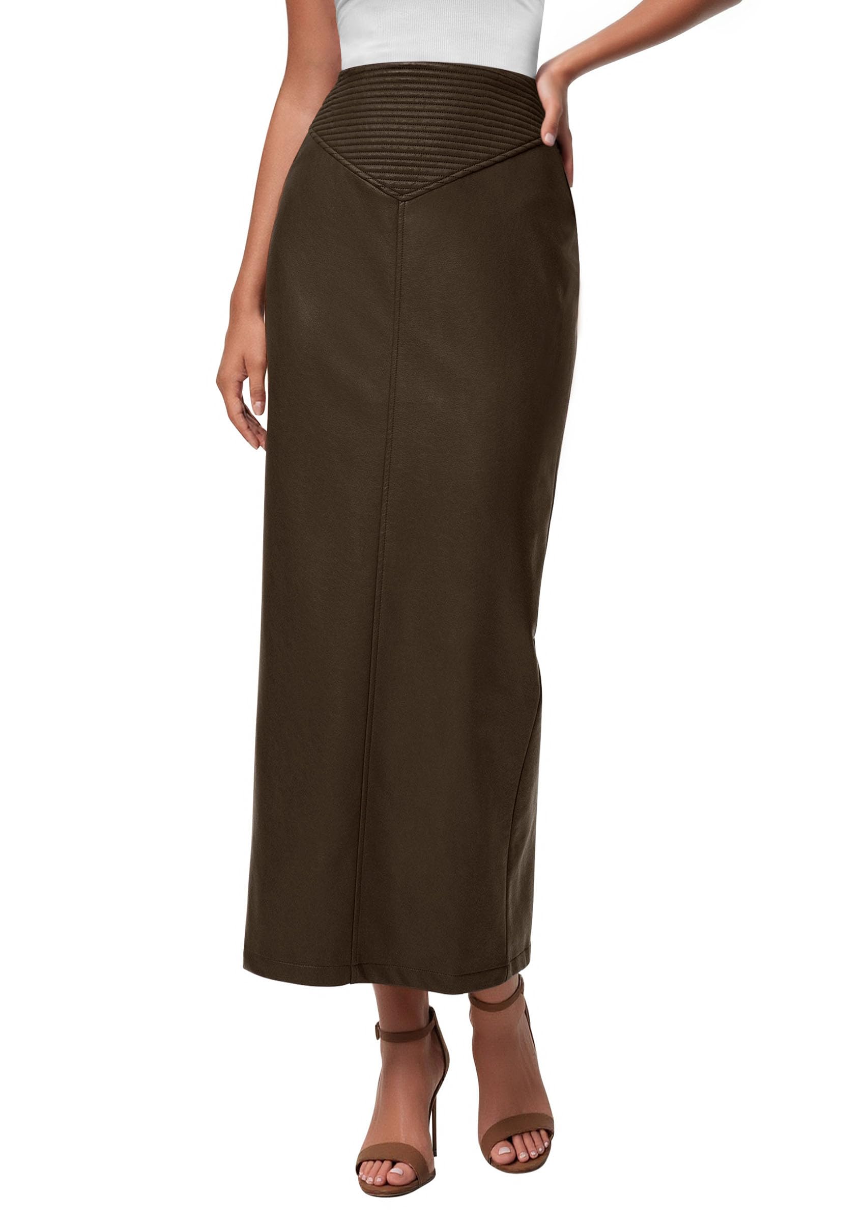 Women's Faux Leather High Waisted Maxi Skirts,Coffee,XS