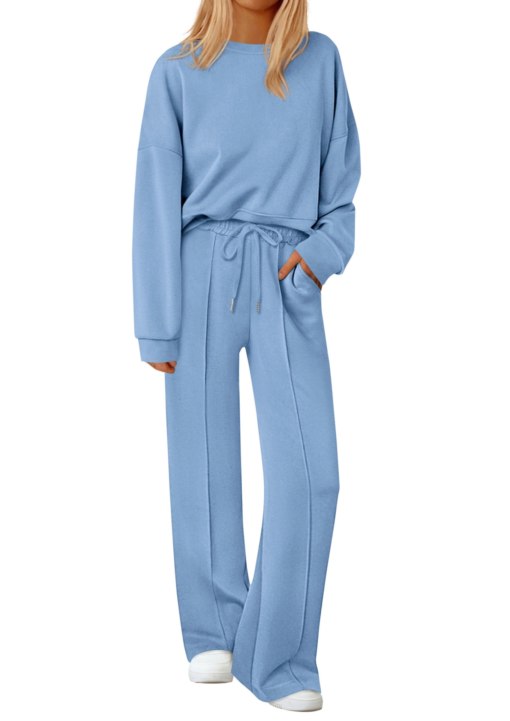 Womens Long Sleeve Sweatshirt 2 Piece Sets,Light Blue,S