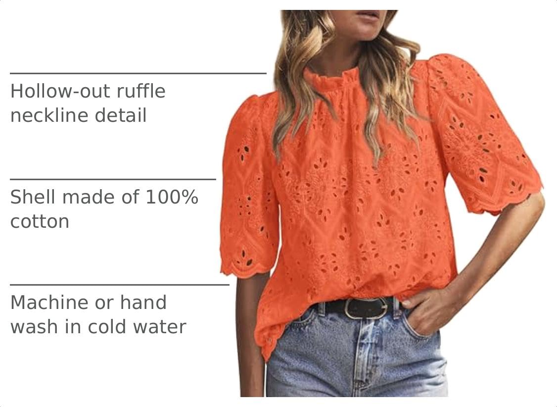 Women Summer Tops Eyelet Embroidered Shirts,Orange,XS