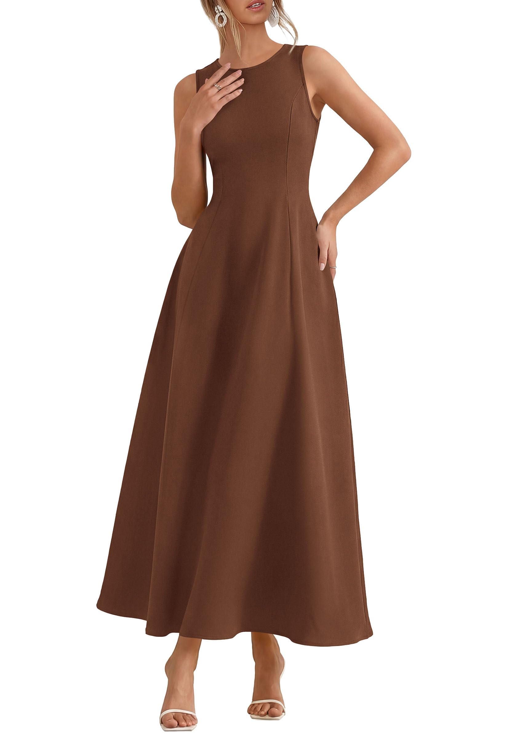 Women's Sleeveless Summer Elegant Maxi Dresses, Brown,S