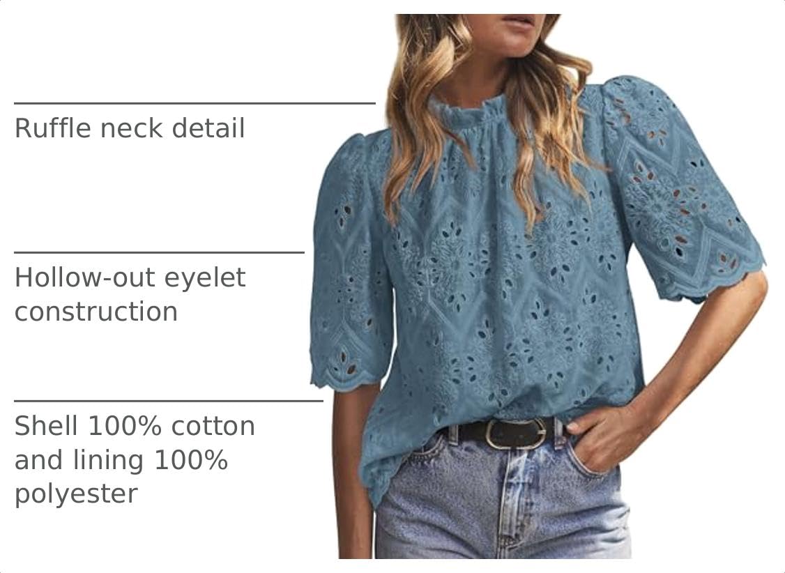 Women Summer Tops Eyelet Embroidered Shirts,Blue Grey,XS