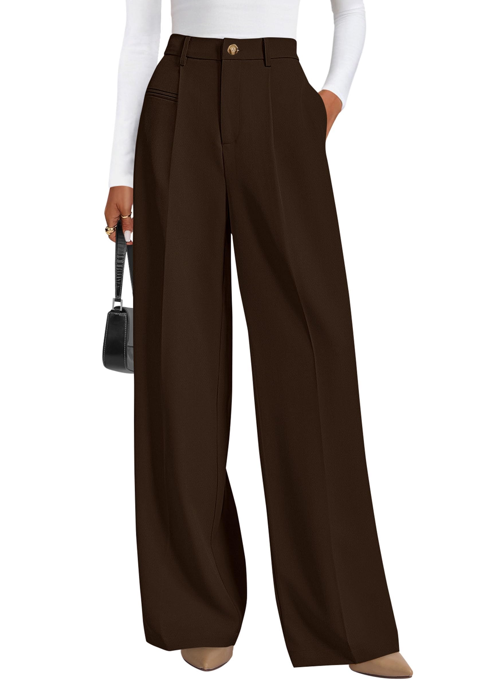Women's Tailored Wide Leg Work Dress Pants,Dark Brown,XS