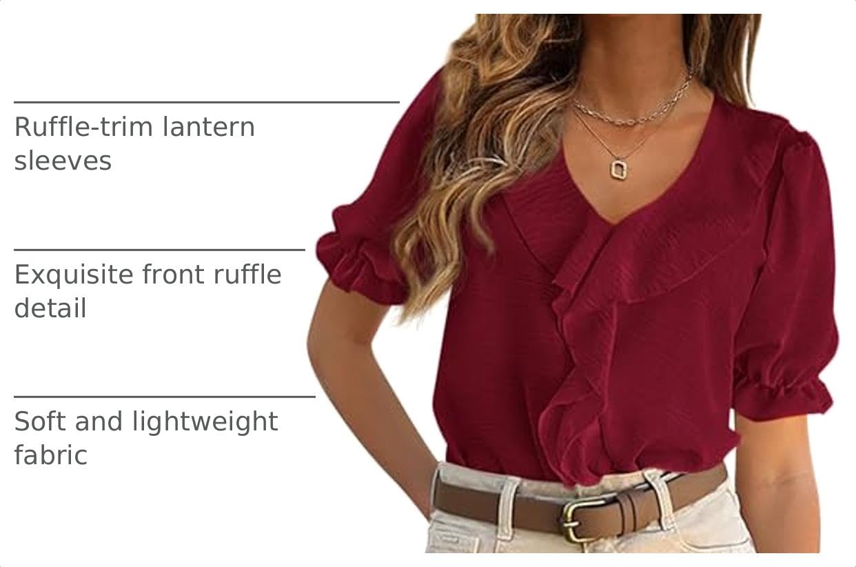 Women's Summer Ruffle Dressy Casual Blouses (Burgundy,S)